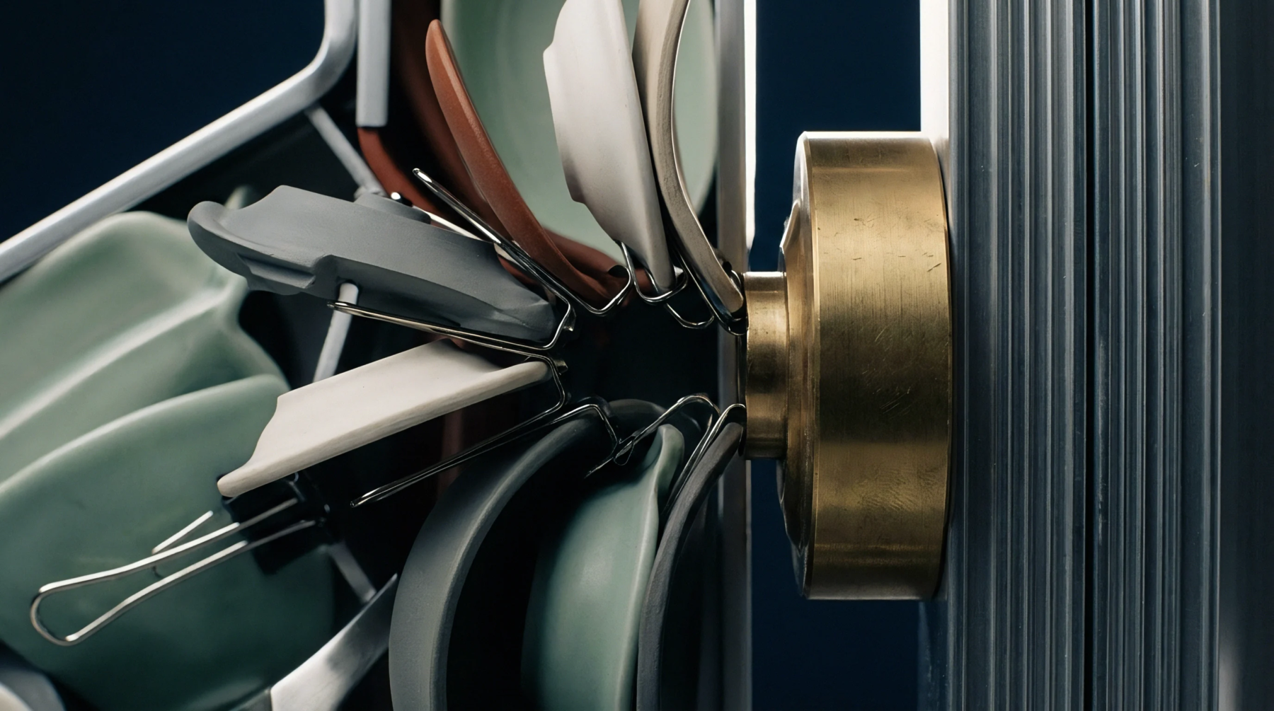 A metal testing fixture holds multiple plastic and ceramic component samples mounted on a rotating mechanical assembly inside a manufacturing facility.