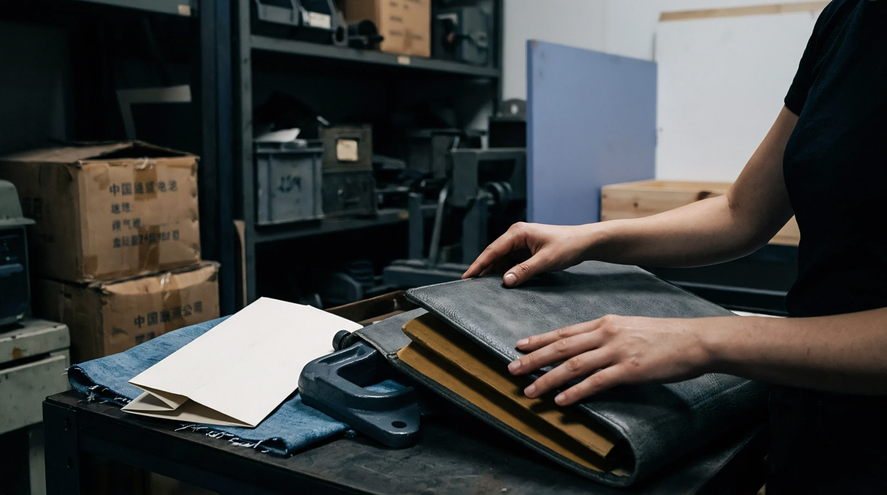 Worker hands inspect folded leather goods on a workbench inside a factory floor equipped with cardboard shipping boxes and metal shelving units.