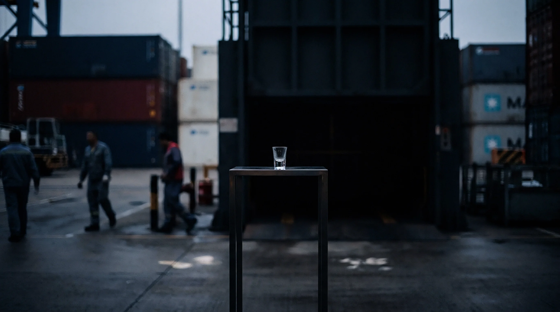 A clear glass rests on a black metal pedestal in a dark intermodal shipping terminal surrounded by stacked cargo containers.