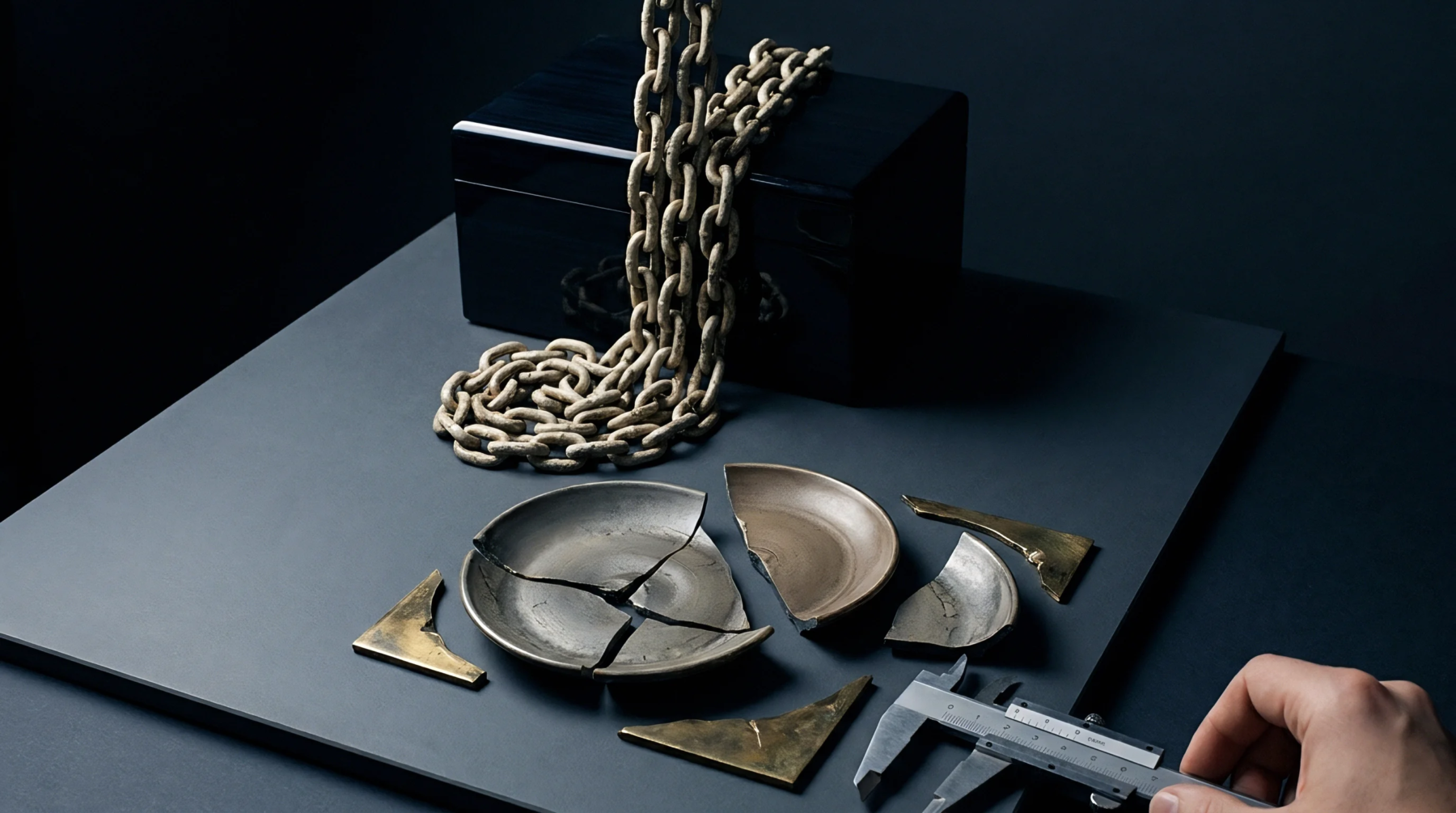 A hand holds a digital caliper next to fragments of a broken grey ceramic bowl and several bronze metal pieces on a dark grey surface.