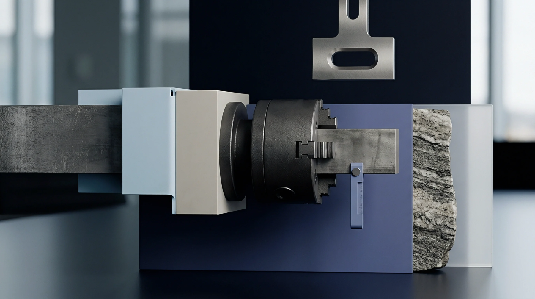 A digital rendering presents a lathe chuck clamping a metal rod beside diverse material samples including a steel beam and a rough stone fragment.