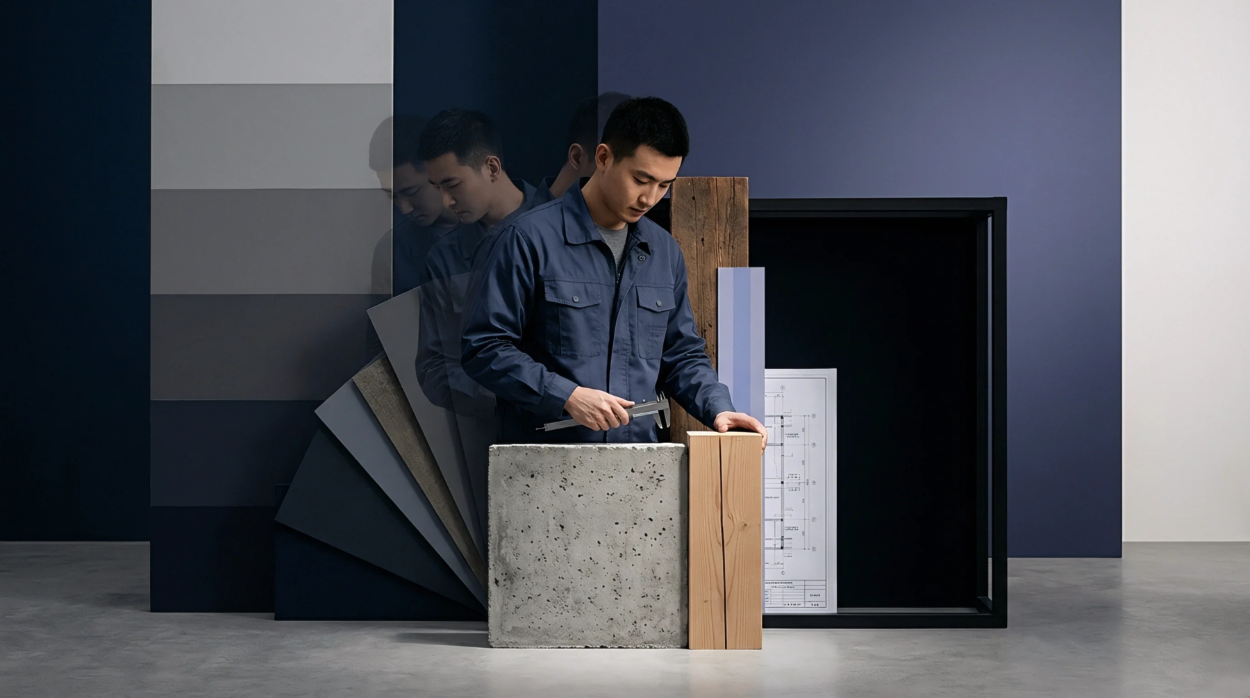 A technician in blue workwear measures a concrete block with calipers beside a timber sample within an industrial material testing laboratory.