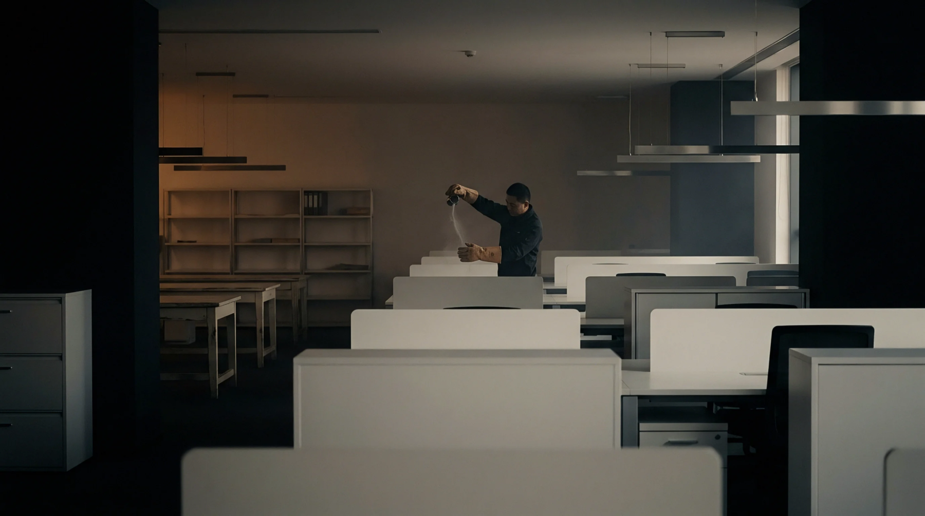 A technician wearing protective gloves pours white granular powder onto a workstation surface amidst rows of office cubicles and industrial shelving units.
