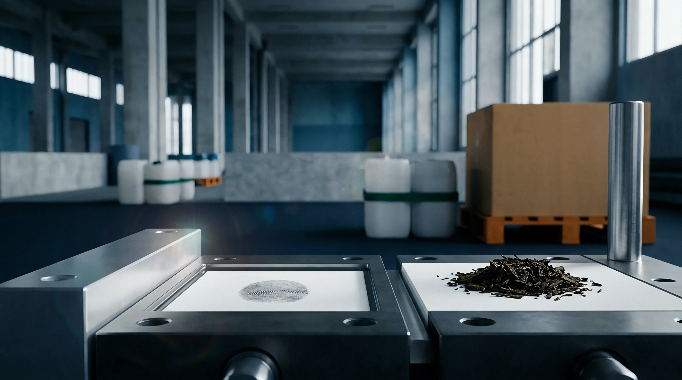 Botanical raw material samples and biometric sensors sit on stainless steel testing trays inside a large industrial warehouse.