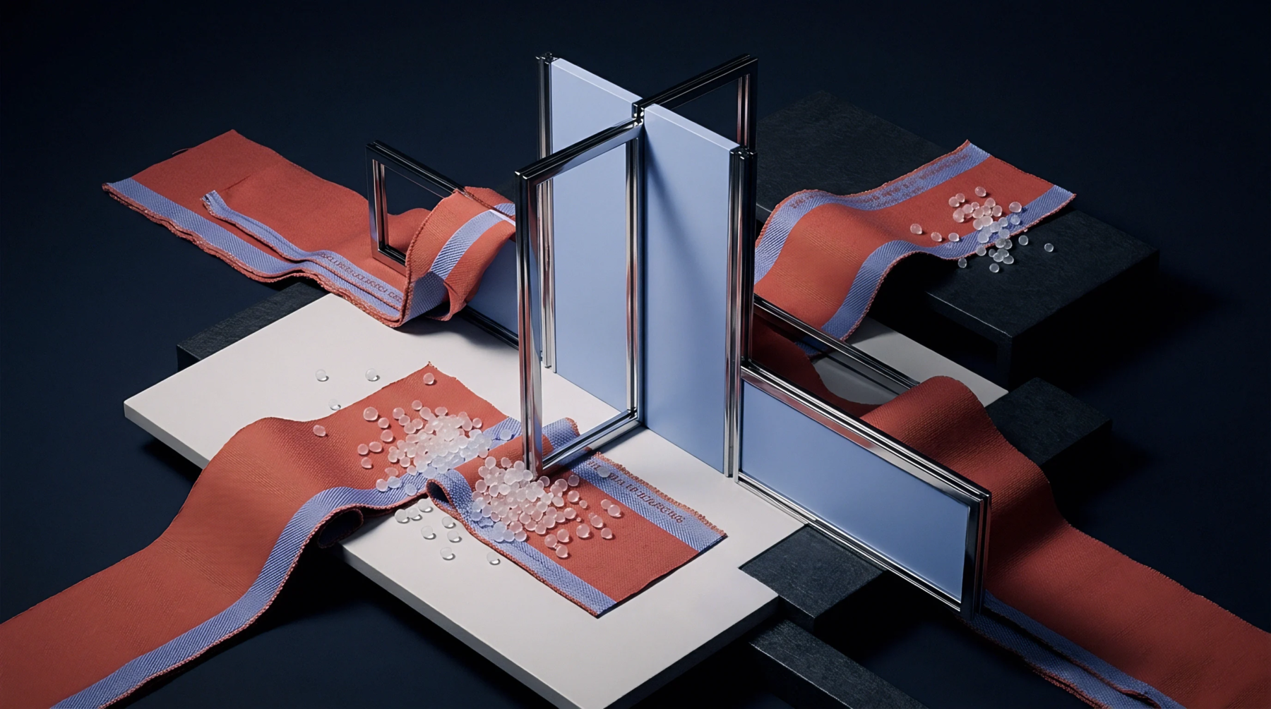 Translucent polymer pellets and woven textile ribbons intersect modular metal framing profiles and composite panels across layered dark platforms in a digital render.