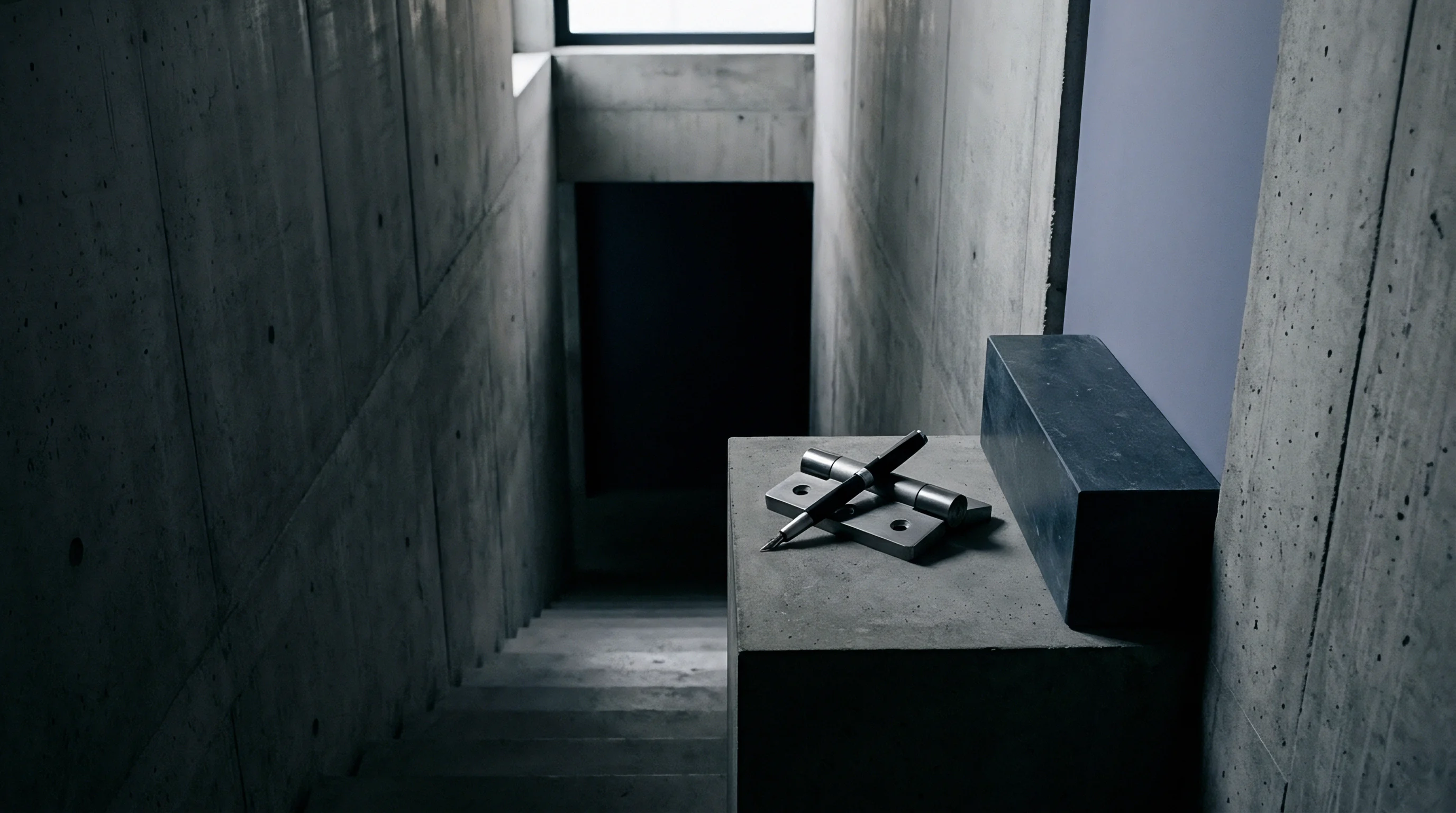 Raw material samples and heavy hardware rest on a concrete pedestal inside an industrial factory corridor with descending stairs.