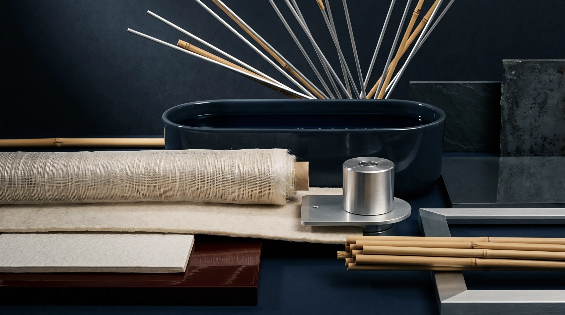 Textile rolls, bamboo rods, metal components, and slate tiles sit neatly on a dark workbench inside a manufacturing facility.