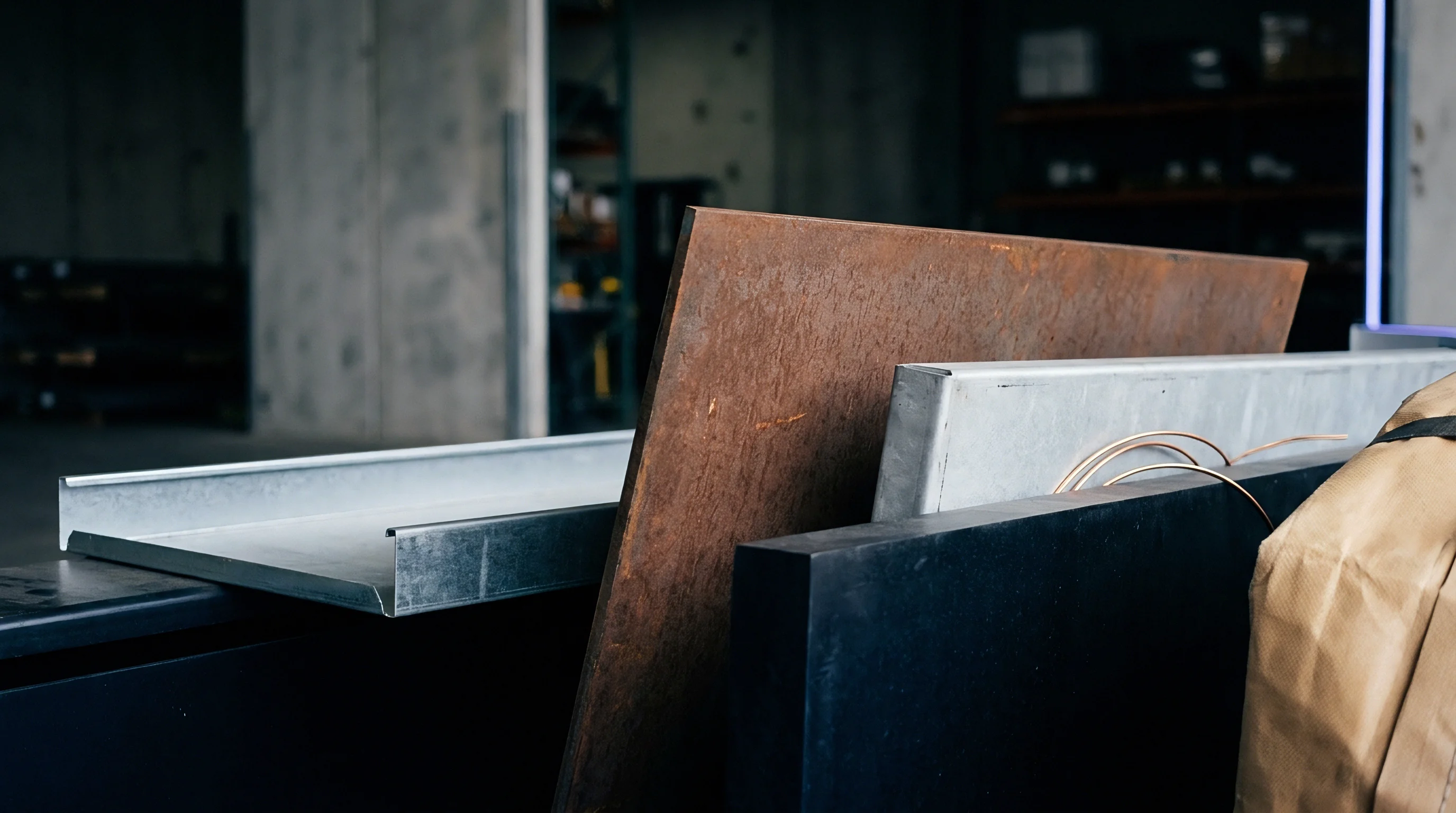 Various raw industrial materials including rusted steel plate, galvanized channels, copper wire, and a dark composite are shown.