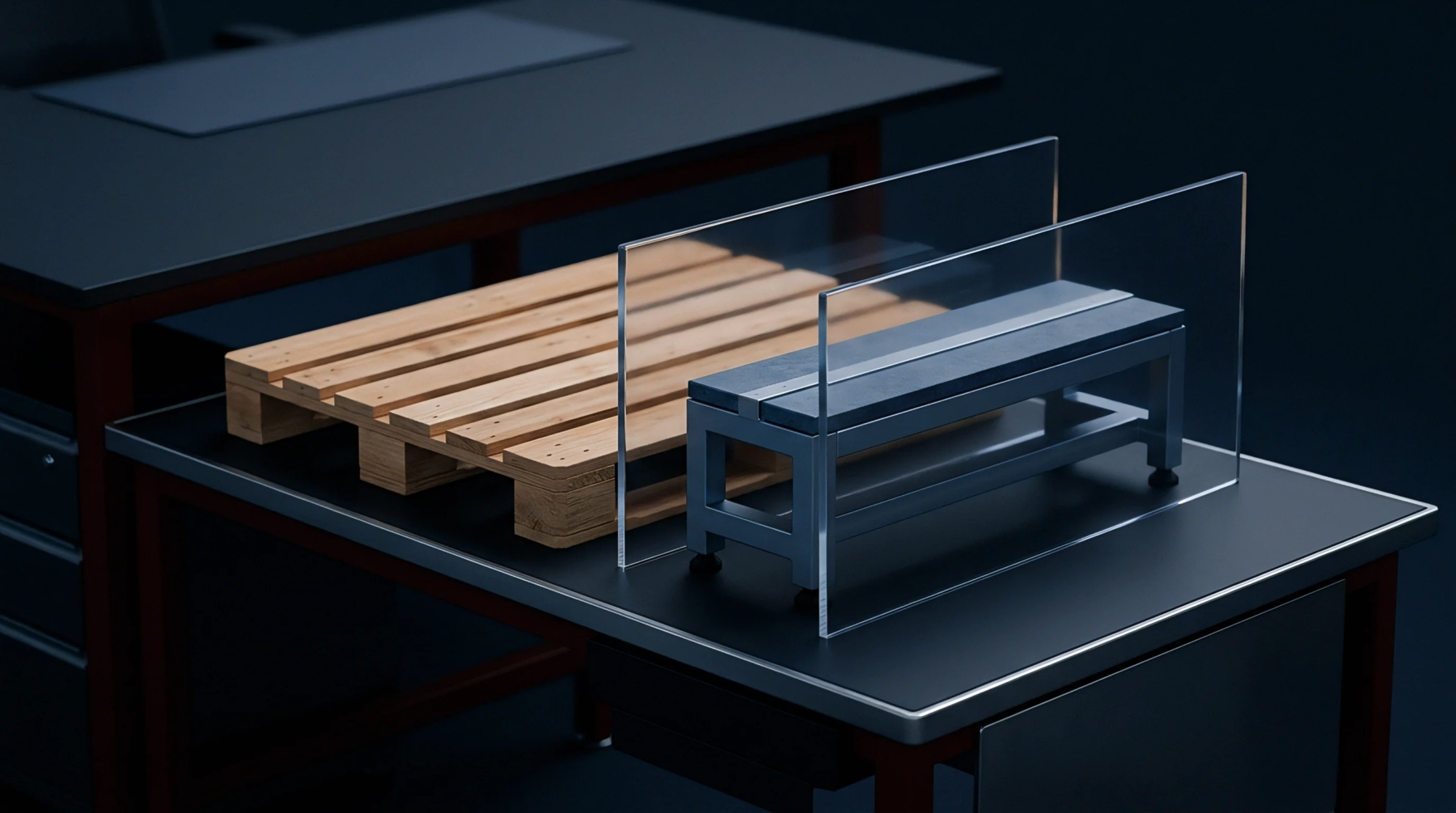 This 3D render shows clear acrylic panels separating a wooden pallet and a grey industrial bench within a staged factory setting.
