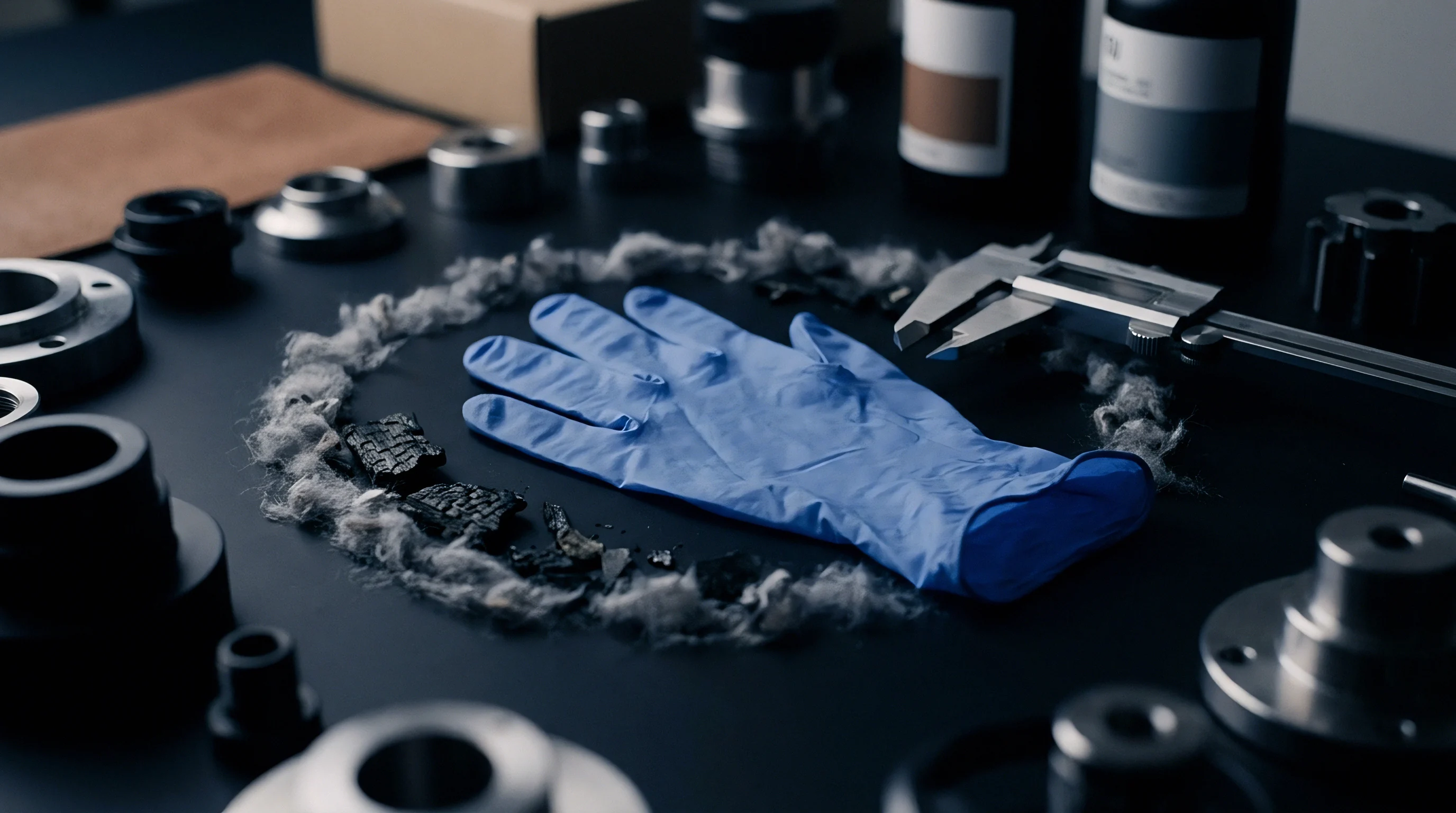 Protective gear rests amid charred residue and precision mechanical components on a dark workbench during material analysis.