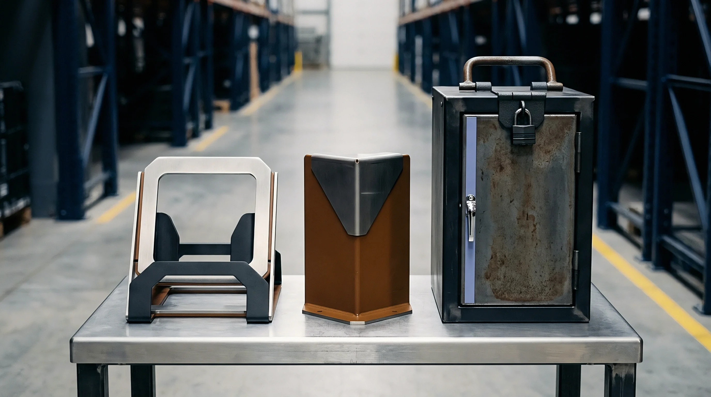 Three fabricated metal components rest on a stainless steel workstation inside a manufacturing warehouse facility ready for compliance review.