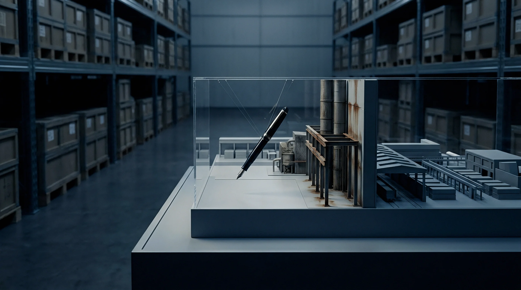 Rendered architectural scale model of an industrial facility rests inside a logistics warehouse flanked by tall steel storage racking systems.