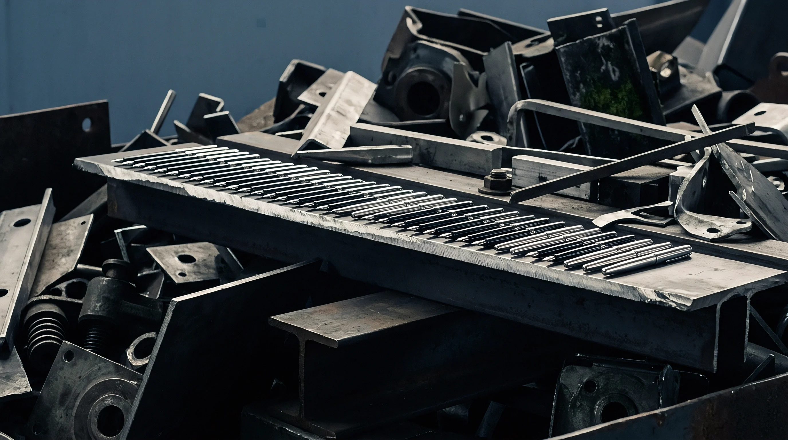 Industrial scrap metal comprising structural steel profiles and precision machined parts accumulates within a metal recycling facility.