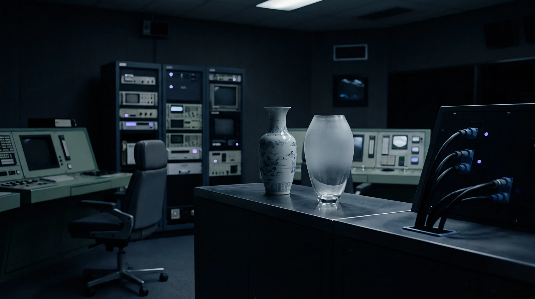 Rack mounted electronics and monitoring consoles line the dark control room where production data and supply chain operations are tracked.