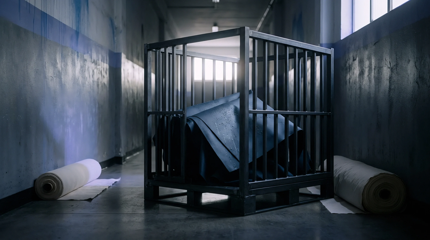 A heavy steel storage cage sits inside a dim industrial corridor holding folded polymer sheeting between two rolled textile loads.