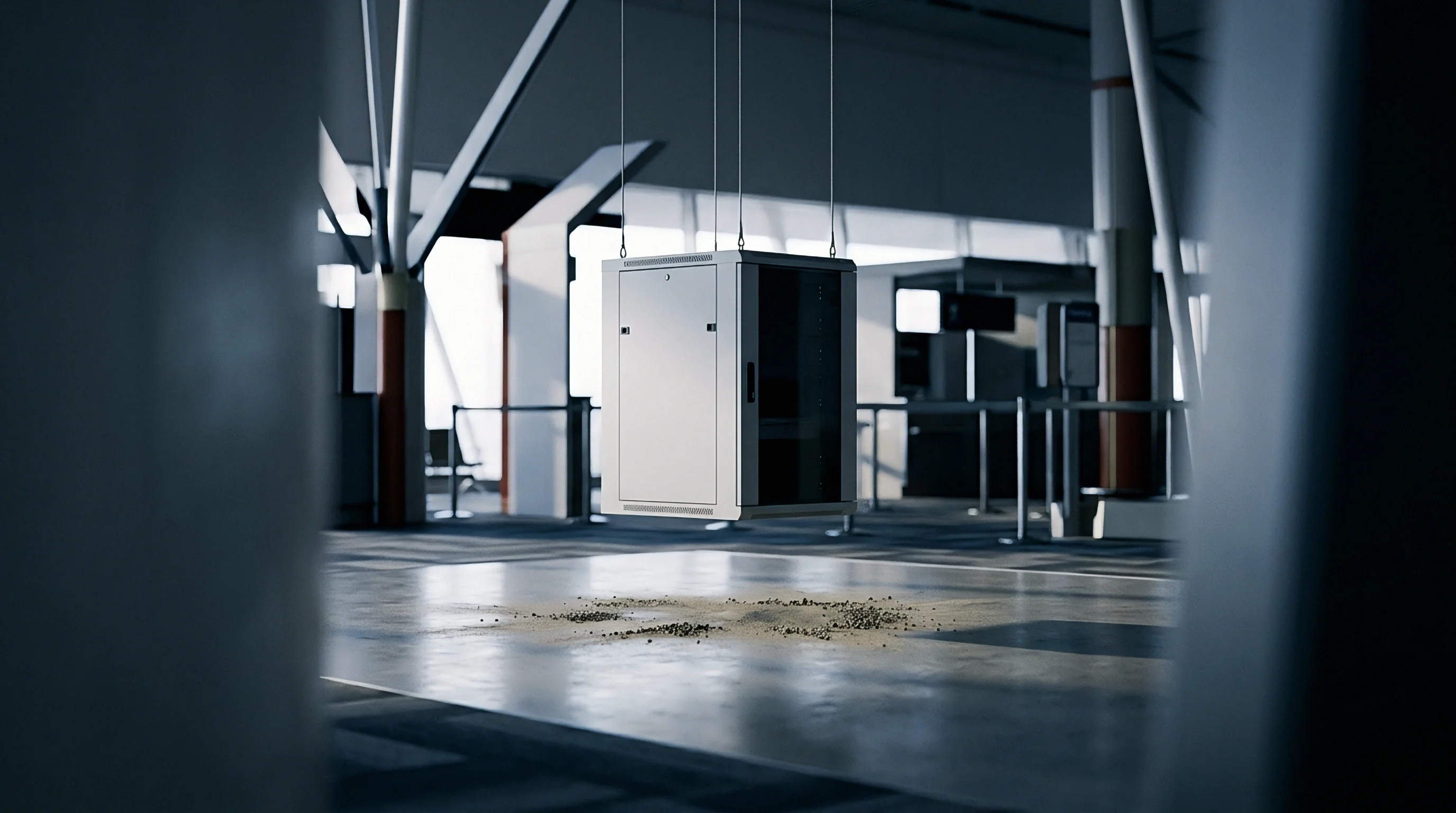 A metal server enclosure hangs suspended by steel cables above fractured debris on a concrete floor inside a logistics testing facility.