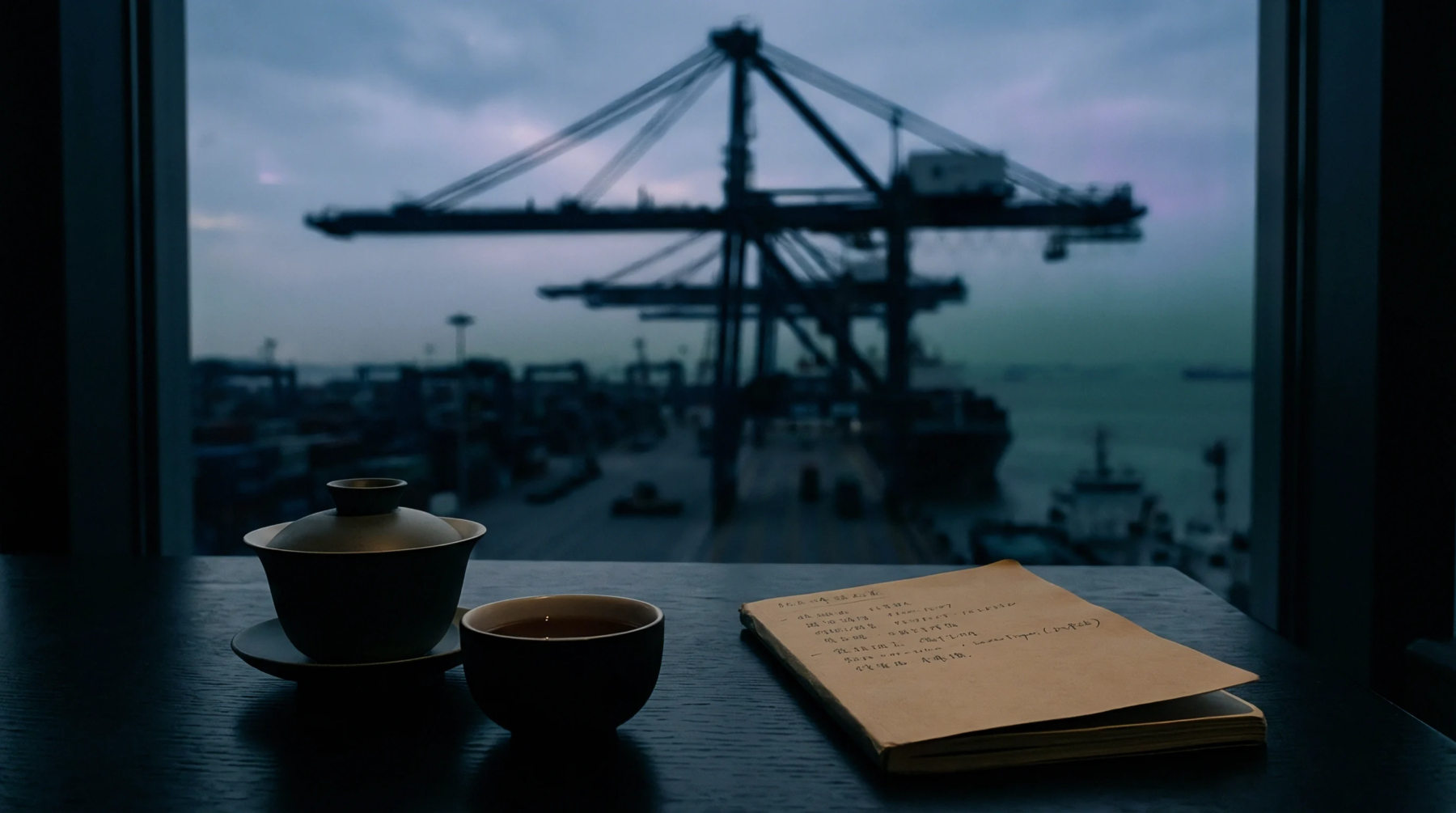 Ceramic tea set and handwritten production schedule notebook rest on a dark wooden desk overlooking a busy container terminal.