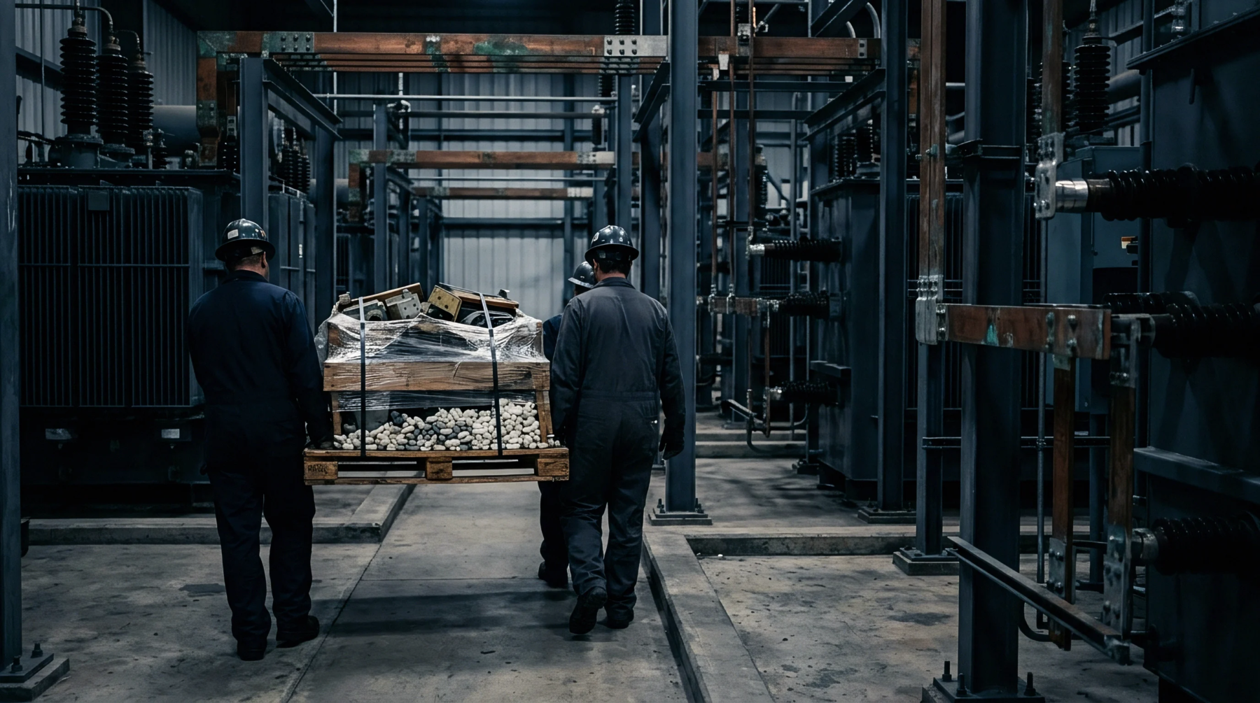 Two operators in industrial workwear transport a loaded wooden pallet across the concrete floor of a heavy electrical equipment manufacturing facility.