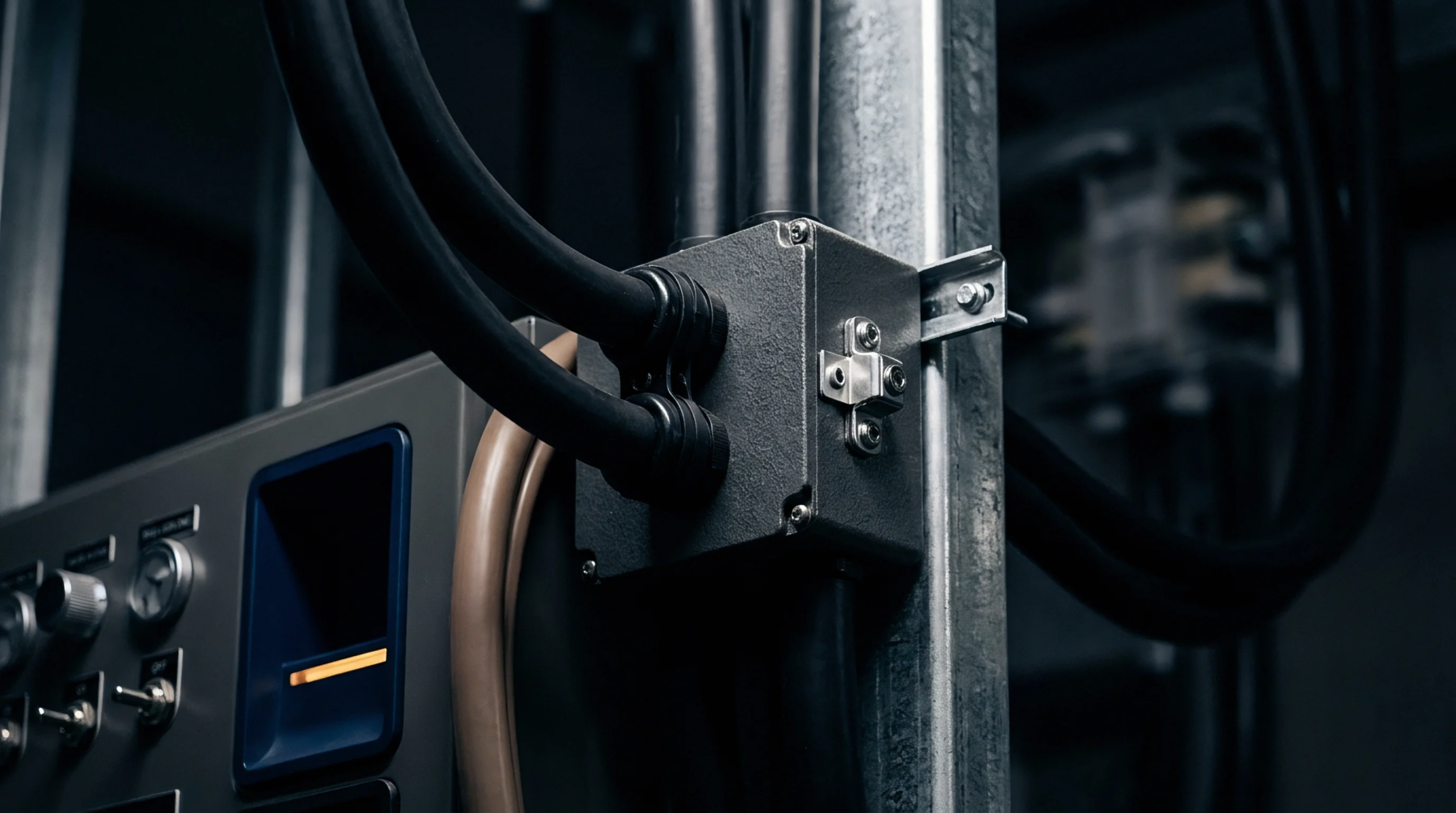 Heavy black cables route into a cast metal junction box mounted on structural steel framing above a manufacturing control console.