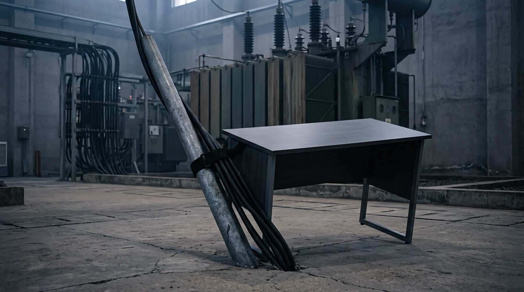 A dark laminate office desk stands tethered by heavy black cables to a metallic conduit inside an industrial electrical transformer facility.