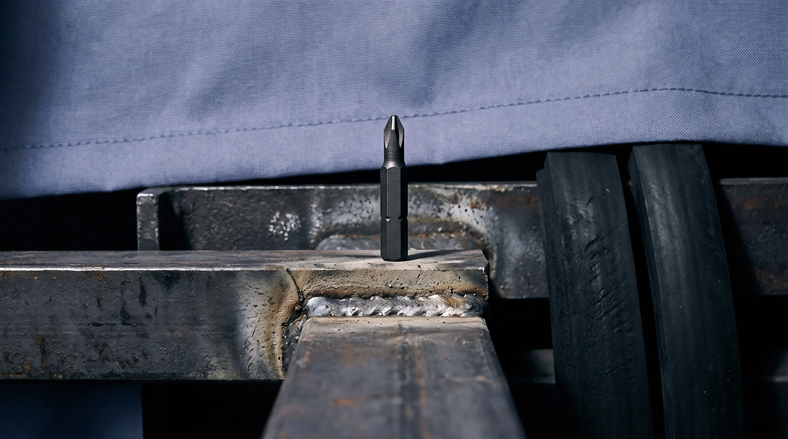 A steel screwdriver bit rests vertically on a fabricated metal joint featuring a visible weld seam between two rectangular steel structural elements.