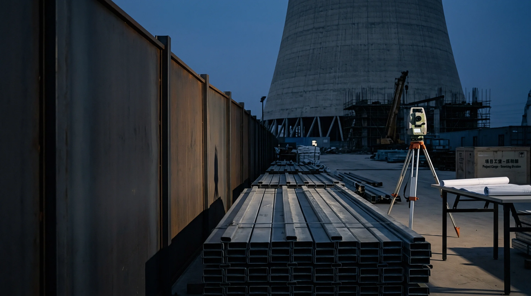 Bundled structural steel profiles rest beside surveying equipment and blueprints on a concrete yard before a concrete cooling tower under evening skies.