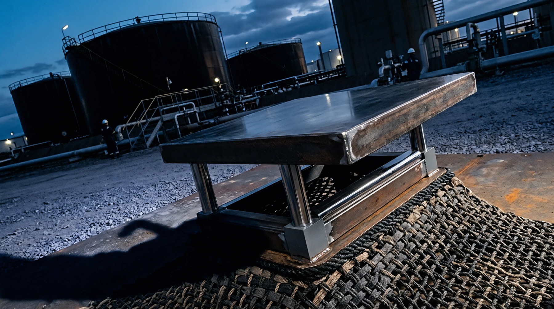 A fabricated steel platform rests on a woven protection mat before large storage tanks in a petrochemical facility during twilight hours.