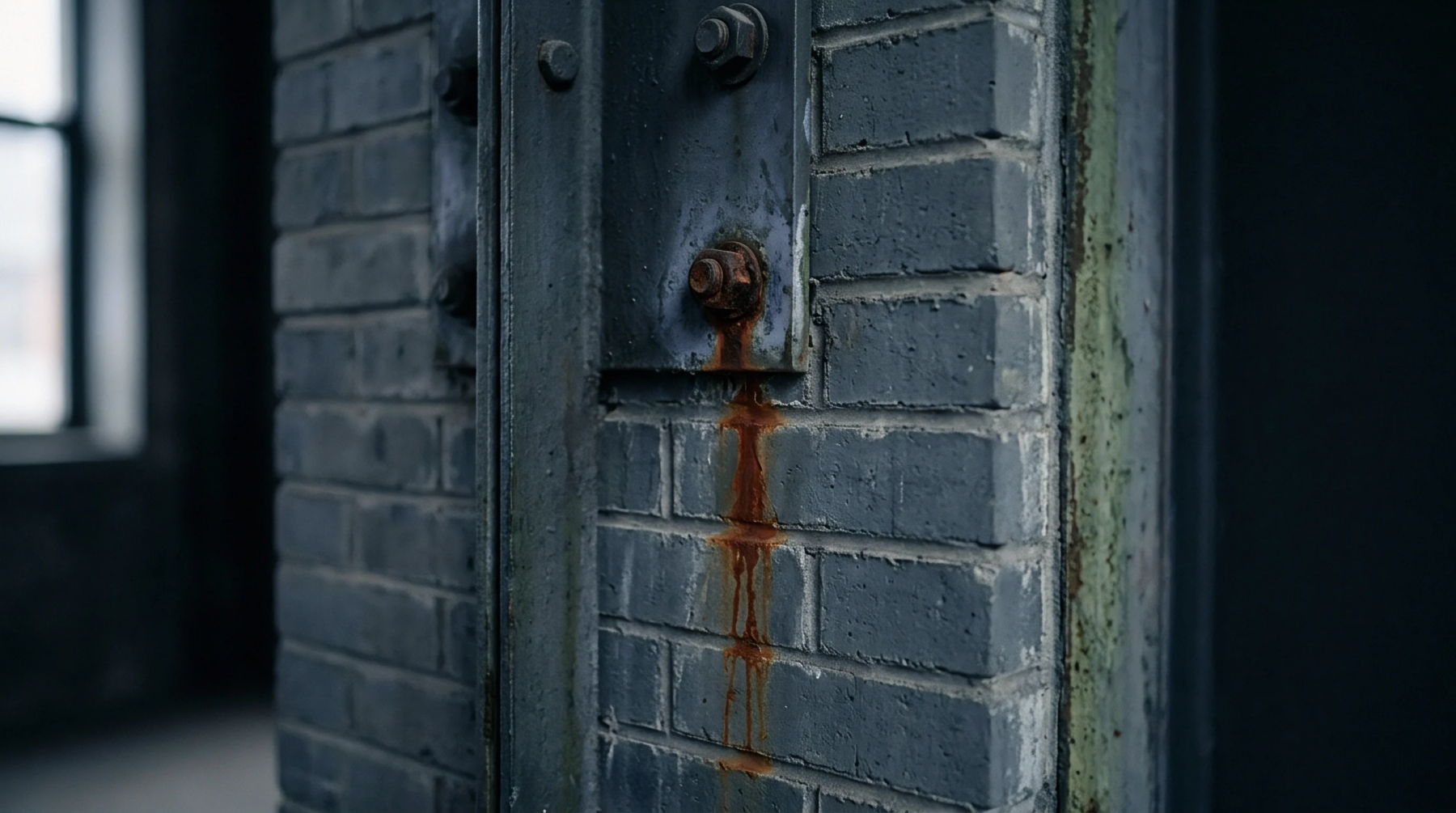 Industrial structural steel reinforcement and rusted fastening hardware deteriorate against painted brick masonry inside a manufacturing facility.