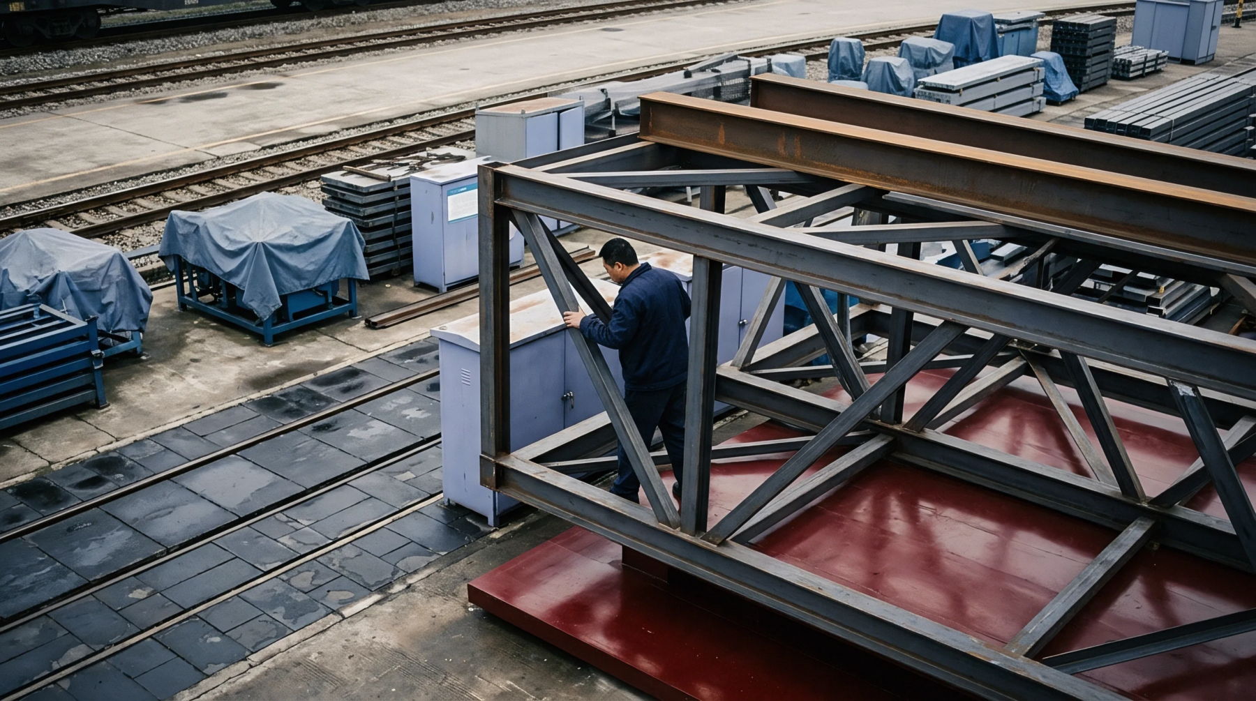 A technician inspects a large welded steel structural framework positioned atop a red base inside a bustling industrial rail freight yard.