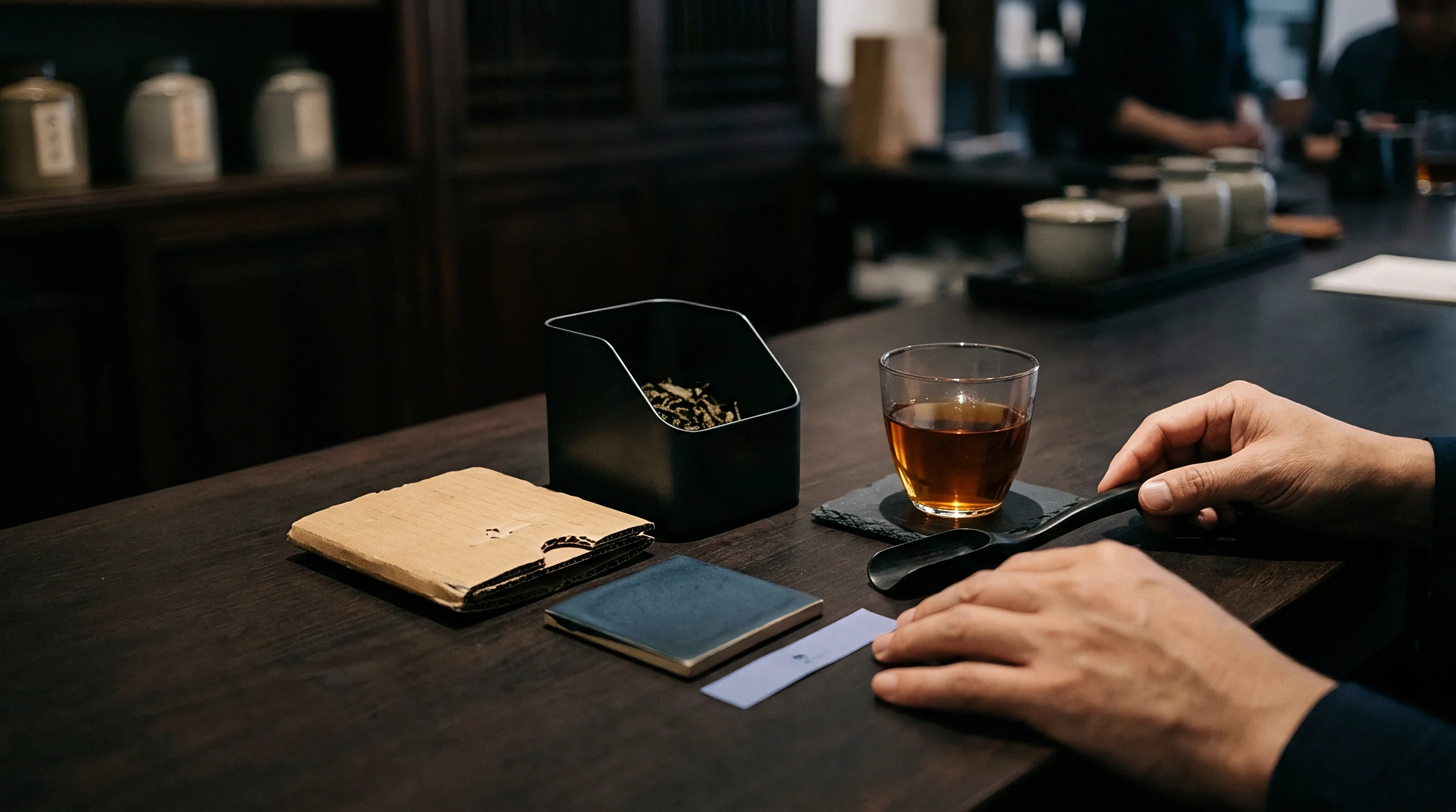 Raw material samples and brewed liquid rest on a dark wooden counter inside an artisan workshop during an evaluation.
