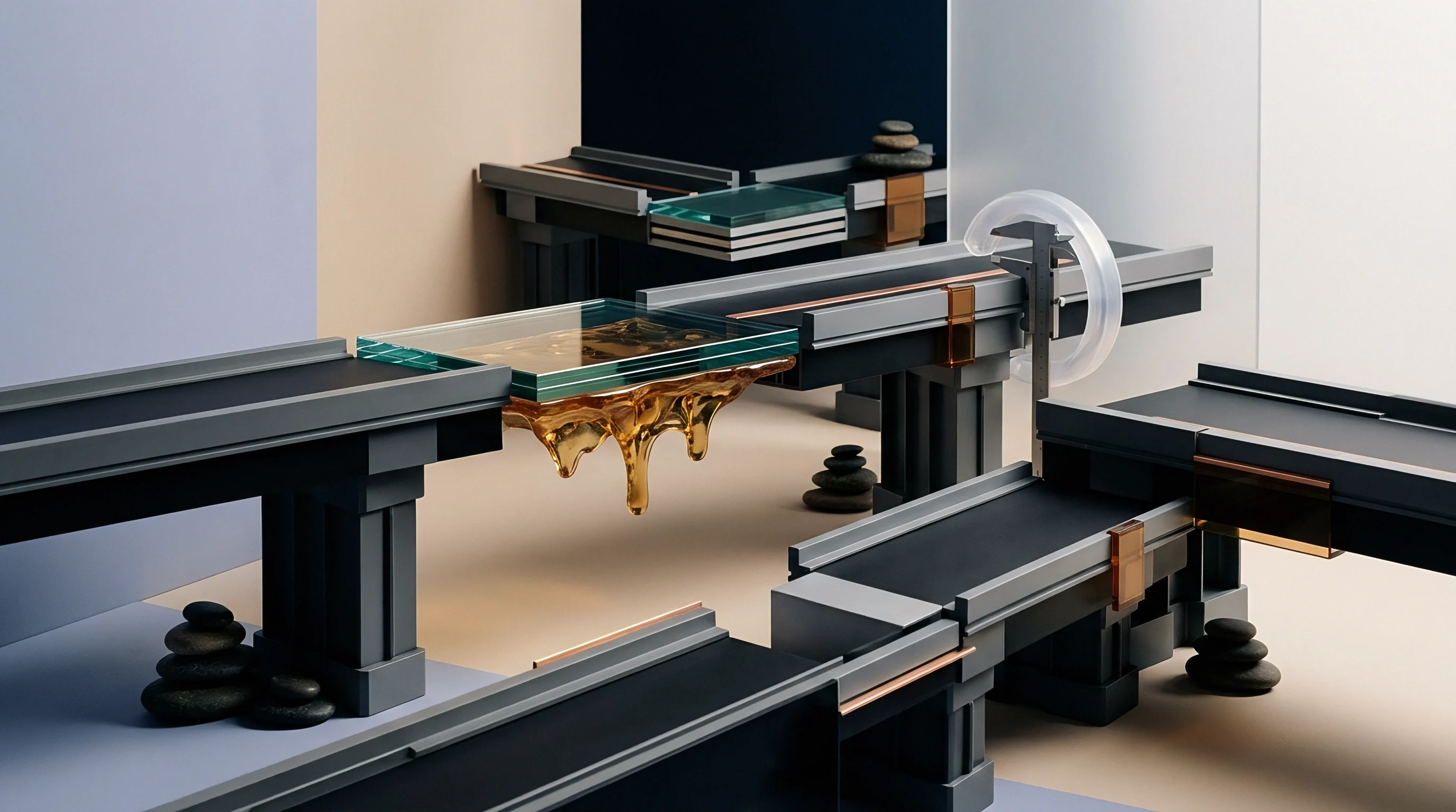 A three dimensional digital render displays modular industrial tracks intersecting glass panels and viscous resin over balancing stone markers within a studio setting.