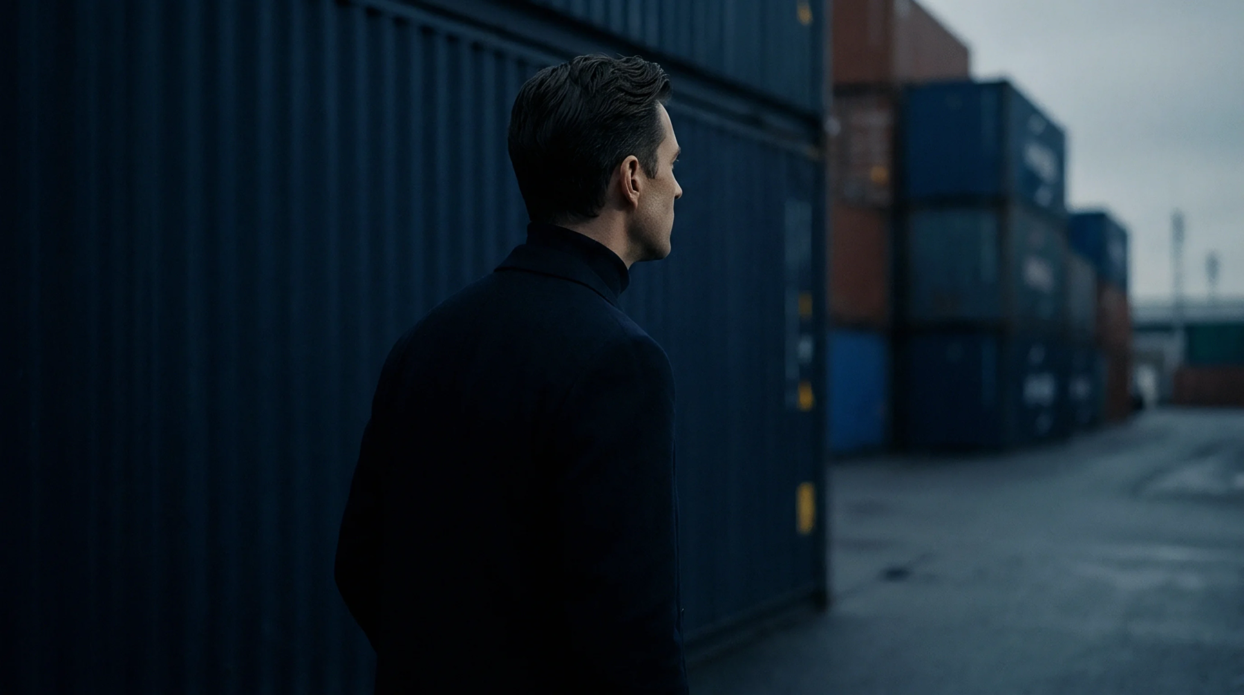 An industrial logistics manager stands observing stacked intermodal freight containers within a sprawling commercial shipping port facility.