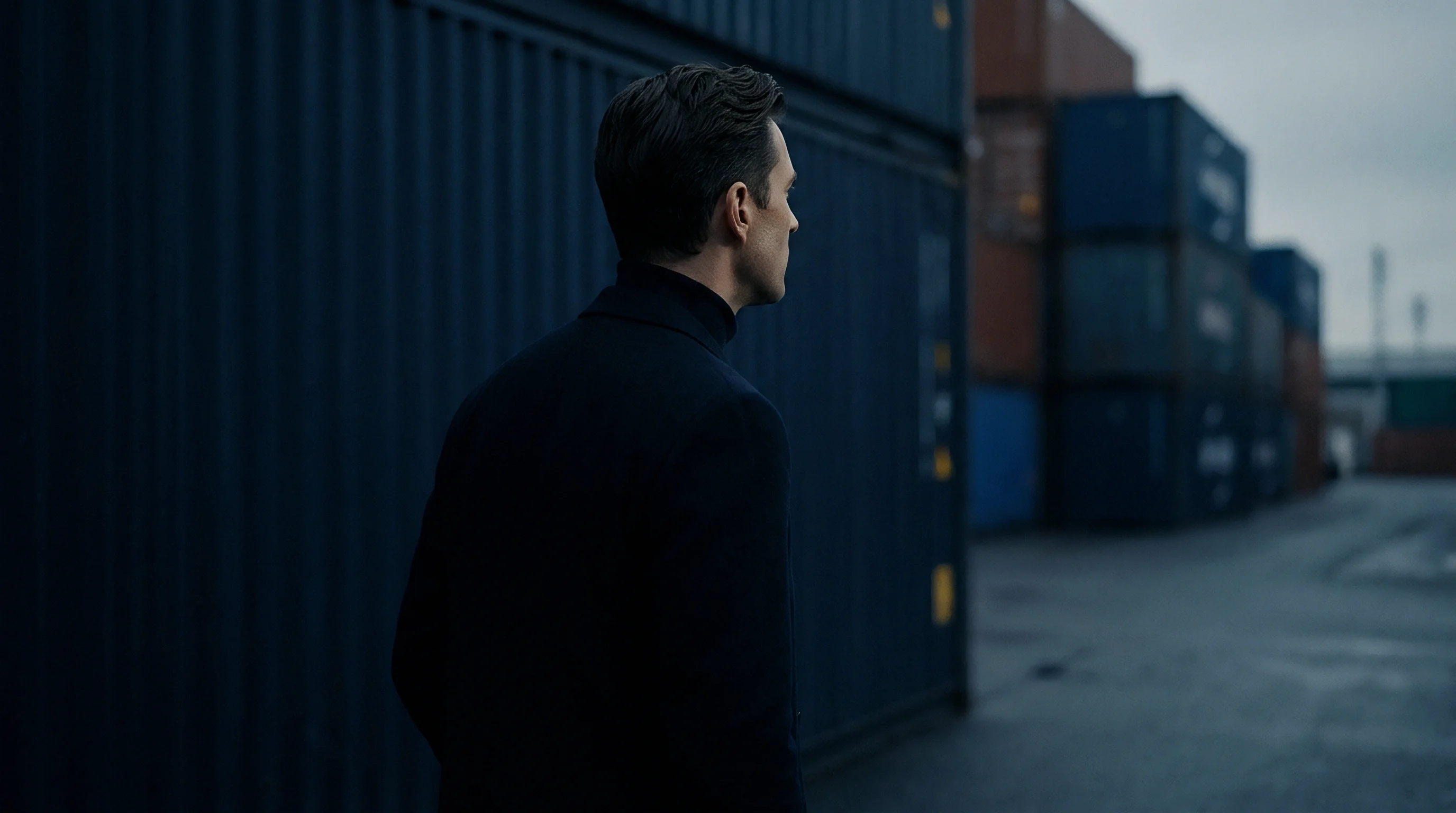 An industrial logistics manager stands observing stacked intermodal freight containers within a sprawling commercial shipping port facility.