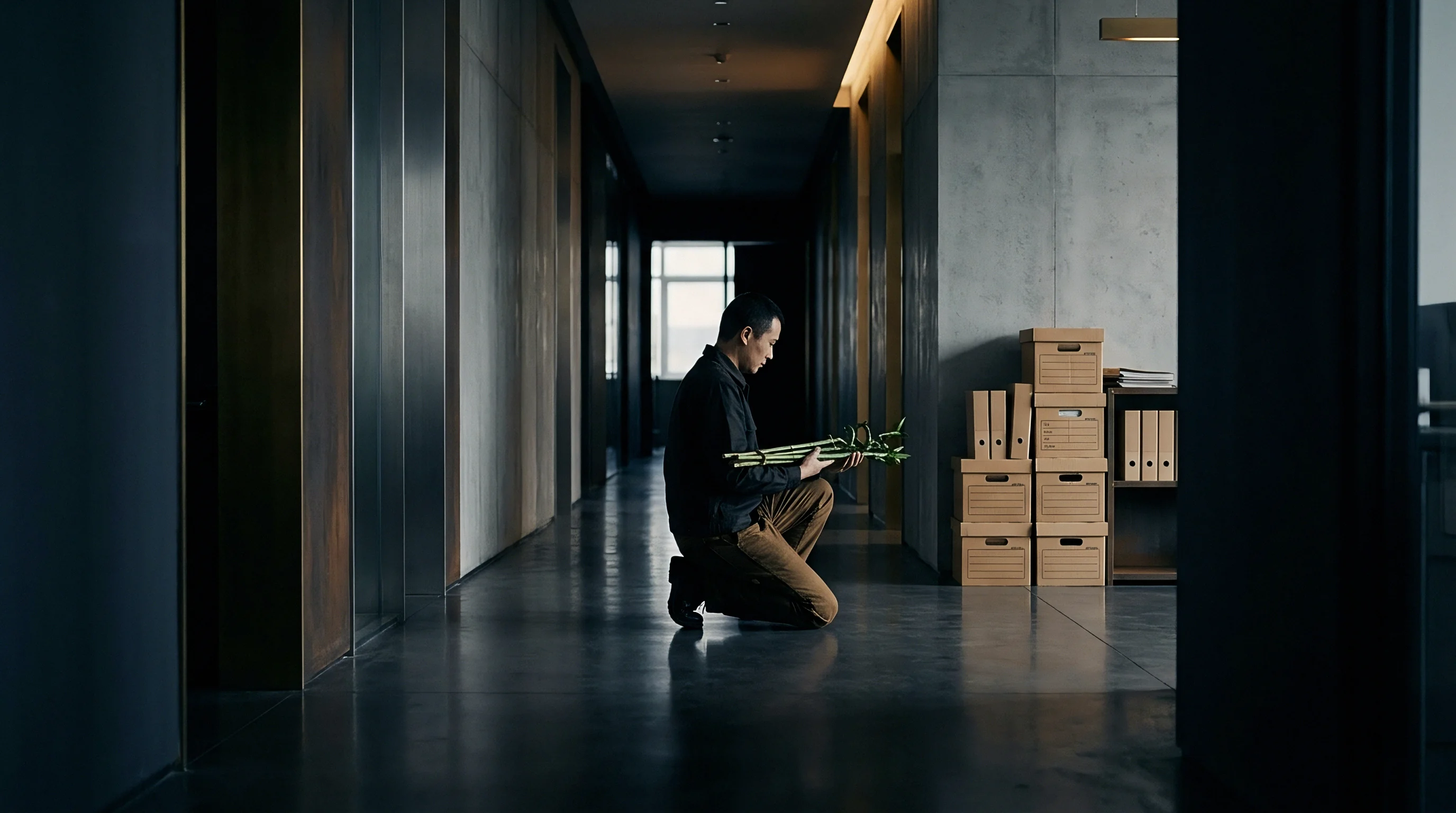 A professional in dark clothing kneels on a polished hallway floor holding stalks of bamboo beside stacked cardboard file boxes and binders.
