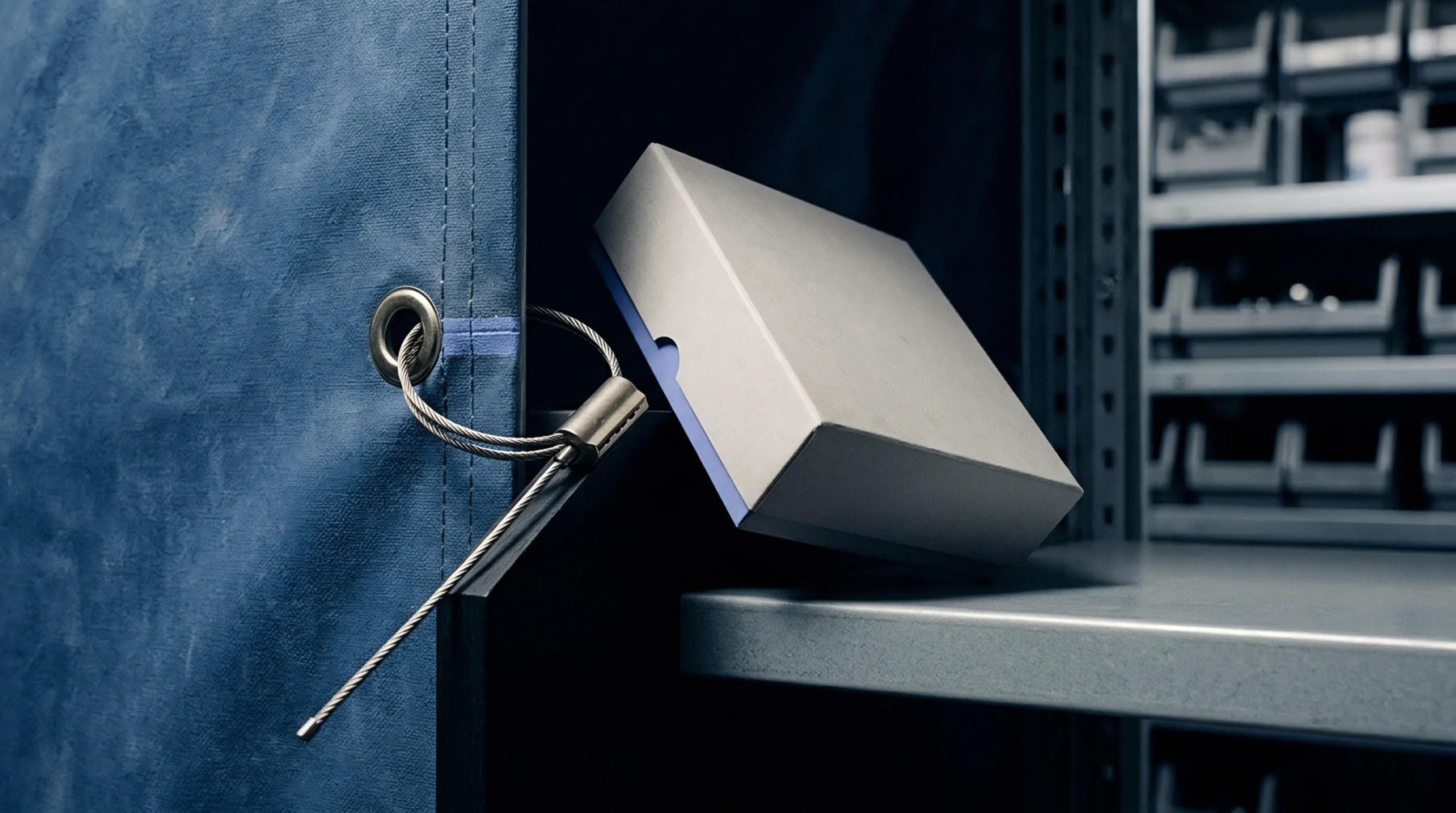 A wire cable security seal threads through a grommet on heavy blue canvas partitioning a manufacturing warehouse storage unit.