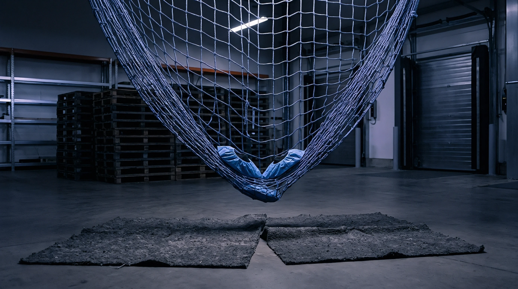 A heavy blue cargo net hangs suspended above industrial floor mats inside a large logistics warehouse filled with wooden pallets and steel shelving.