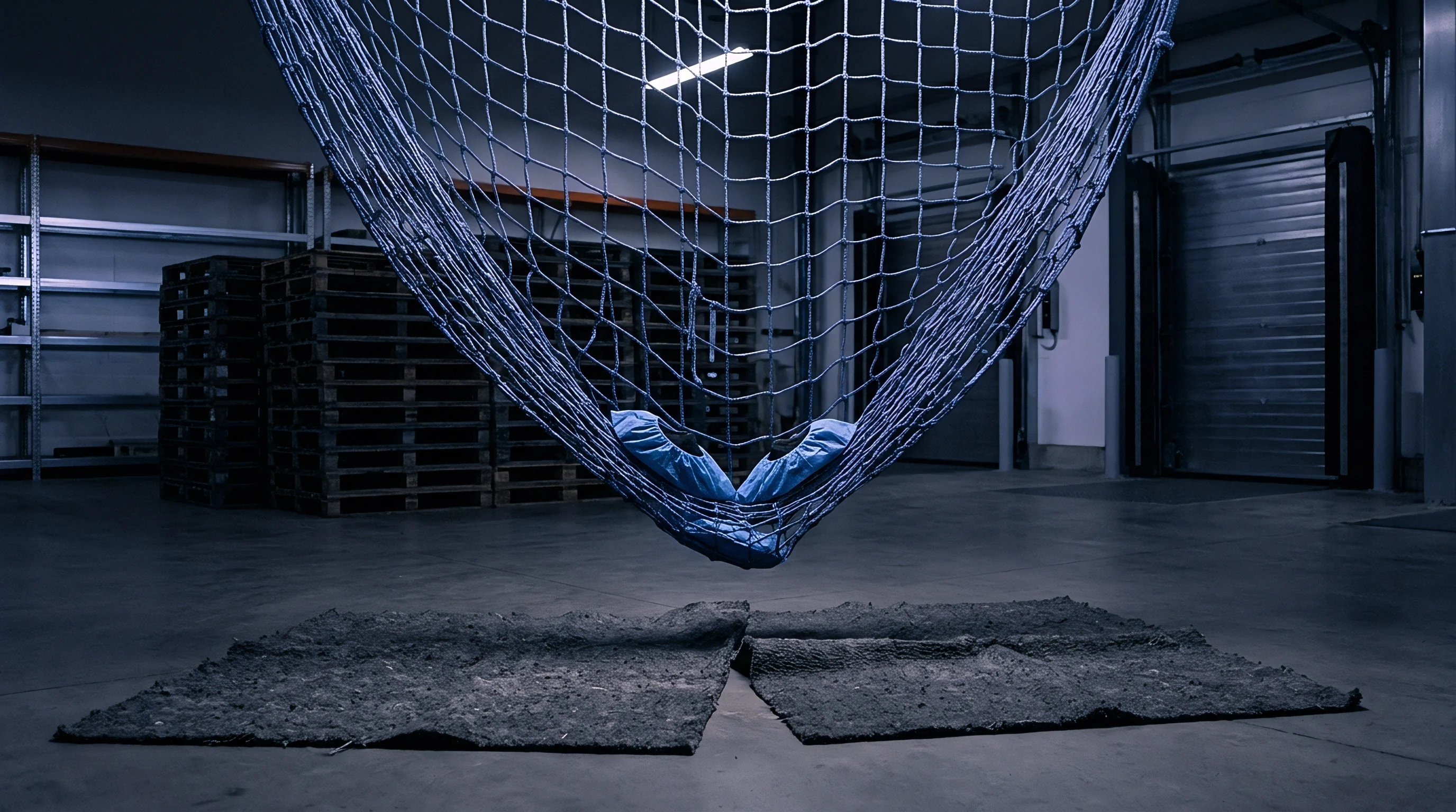 A heavy blue cargo net hangs suspended above industrial floor mats inside a large logistics warehouse filled with wooden pallets and steel shelving.