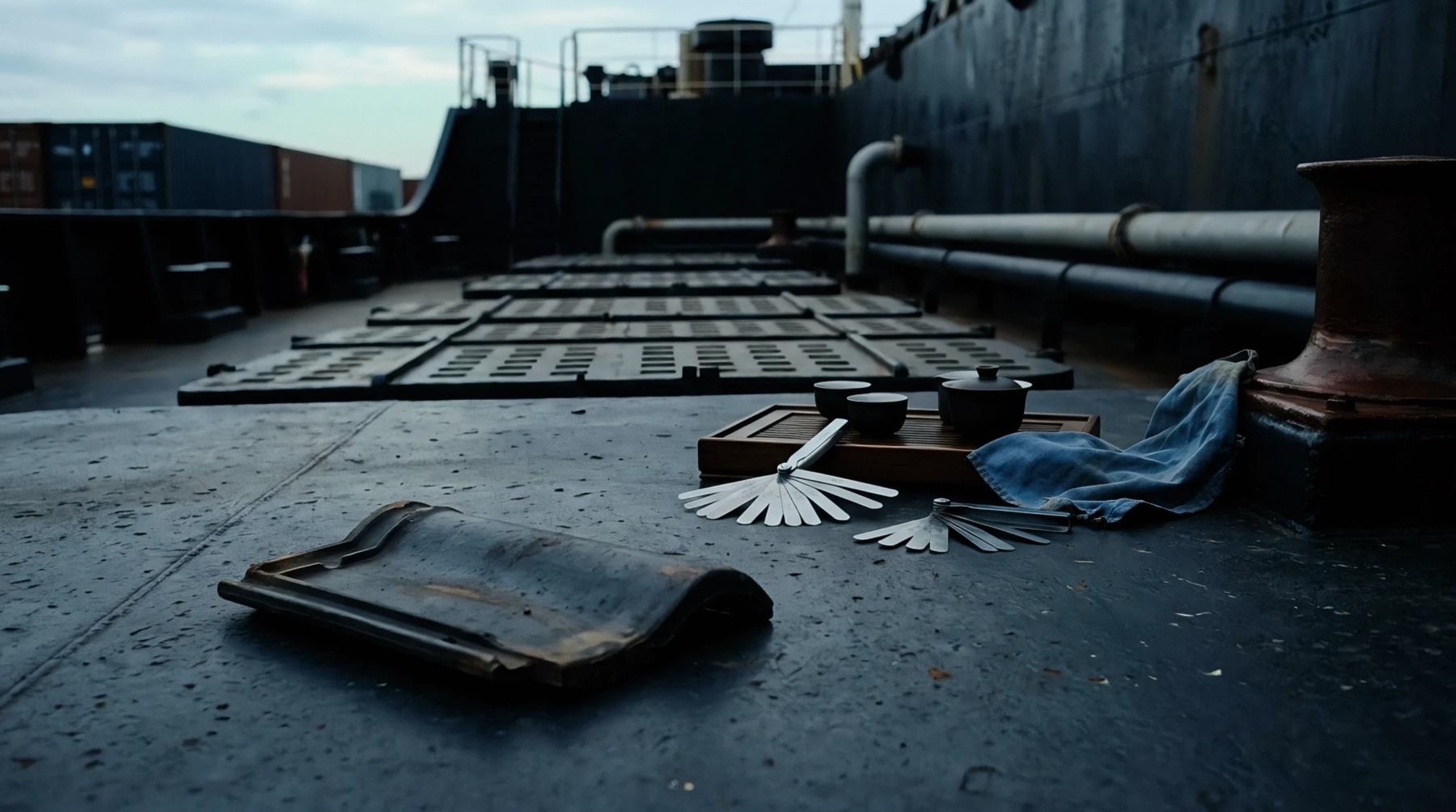 Teaware sits next to leaf thickness gauges and a blue cloth on the deck of a cargo container vessel under an overcast sky.