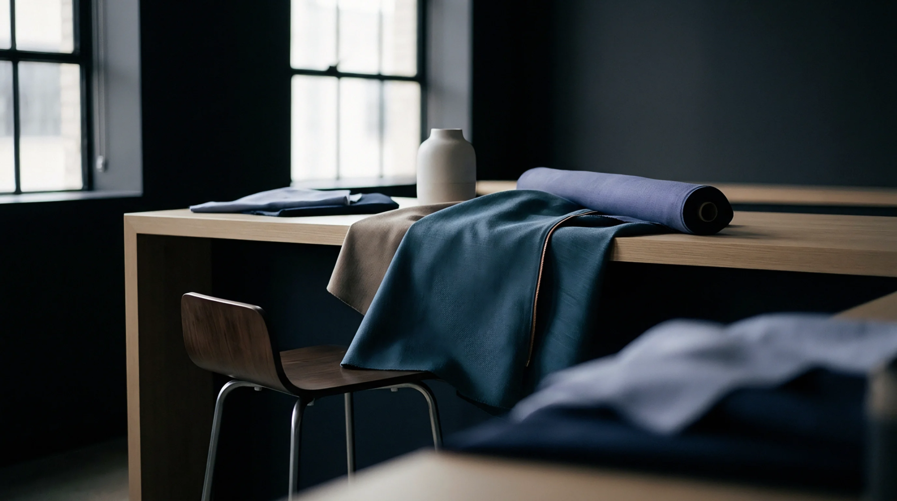 Woven fabric rolls and draped textile swatches rest upon a wooden workbench inside a dark industrial sample room.