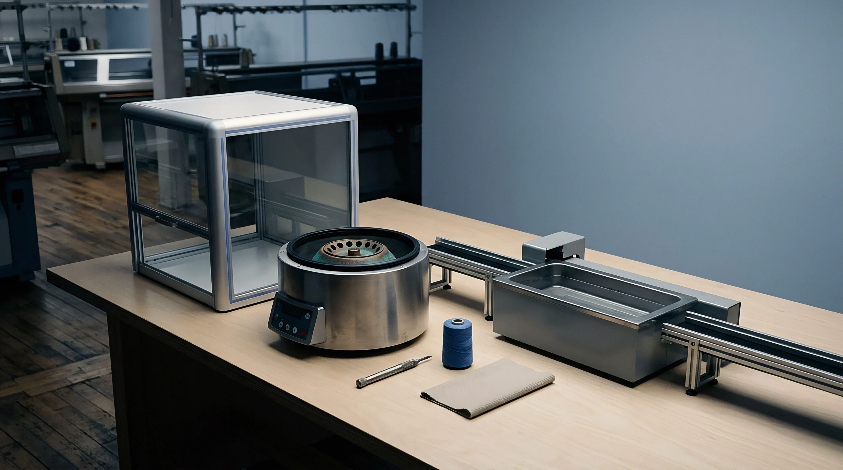 Testing equipment including a centrifuge and sample enclosure rests on a wooden workbench inside a manufacturing facility.