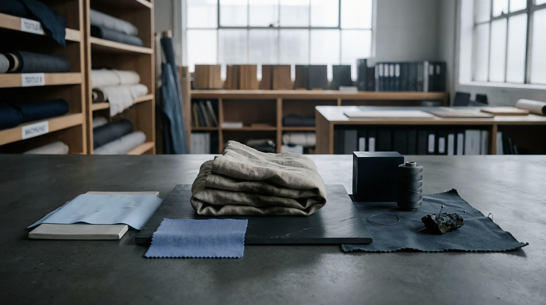 Folded textile swatches and rolls of woven fabric sit on a workshop table inside an industrial apparel manufacturing facility.