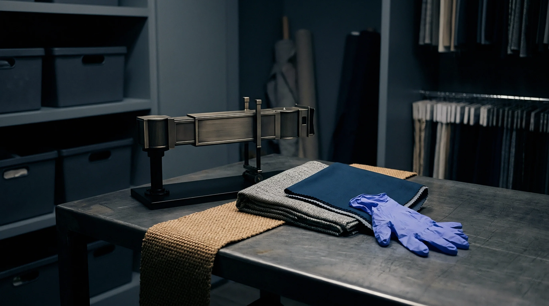 Precision measuring equipment rests beside folded fabric swatches and protective gloves on a metal inspection table inside a textile manufacturing facility.