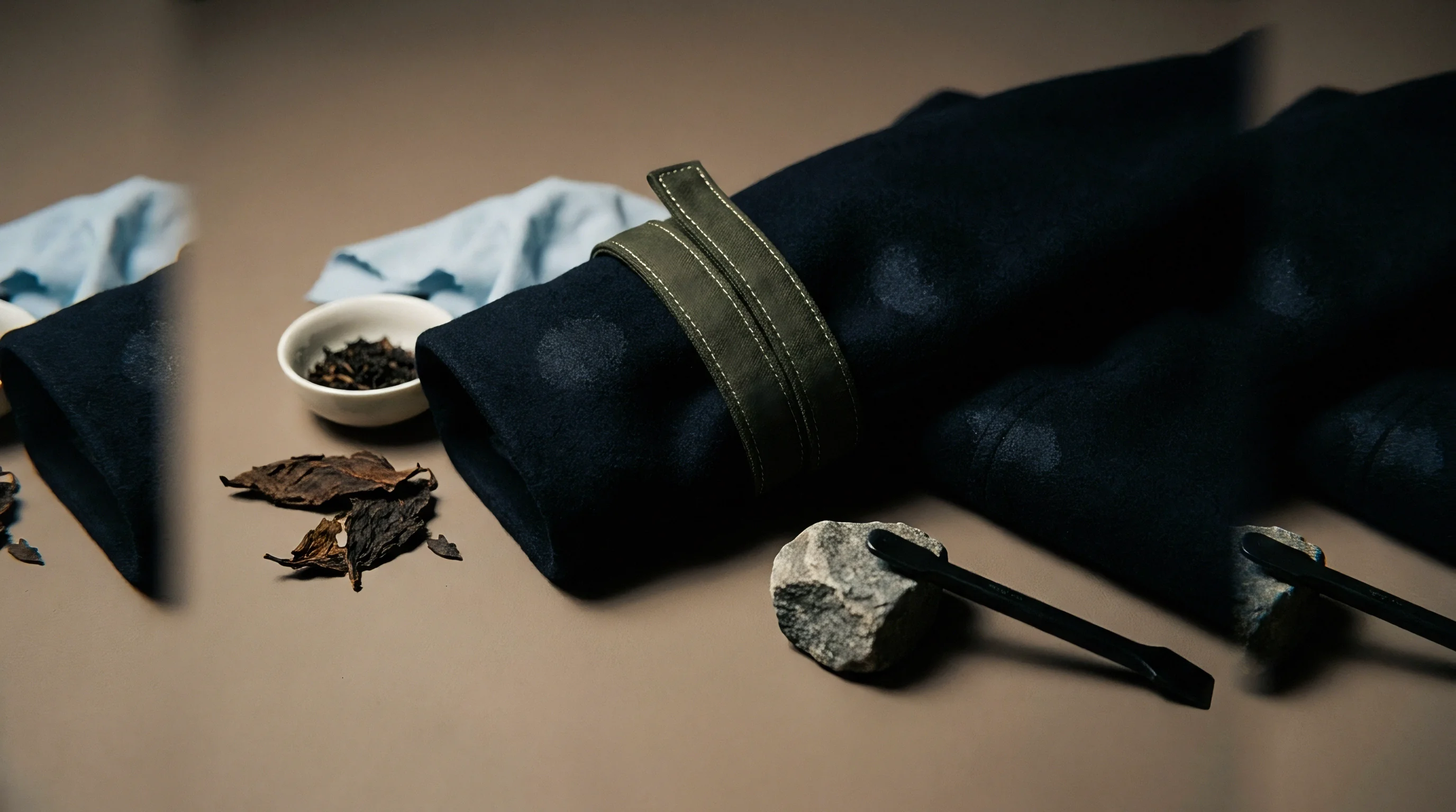 A dark blue textile sample roll secured with a green strap sits beside ceramic tea accessories on a neutral workshop table.