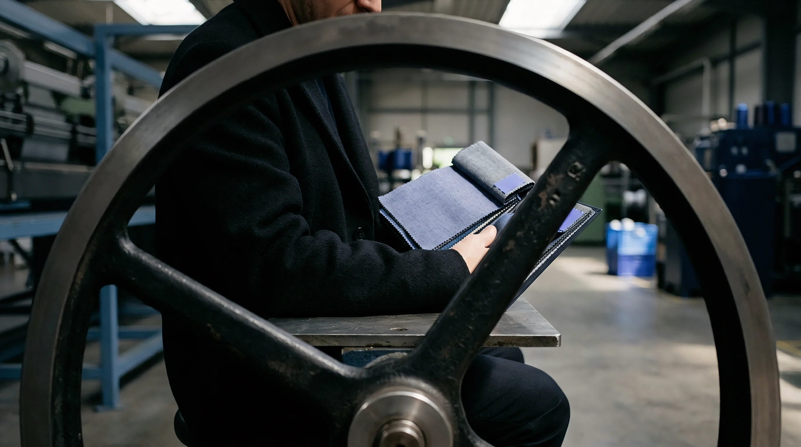 A quality inspector wearing a dark coat evaluates blue woven fabric swatches inside an active textile manufacturing facility.