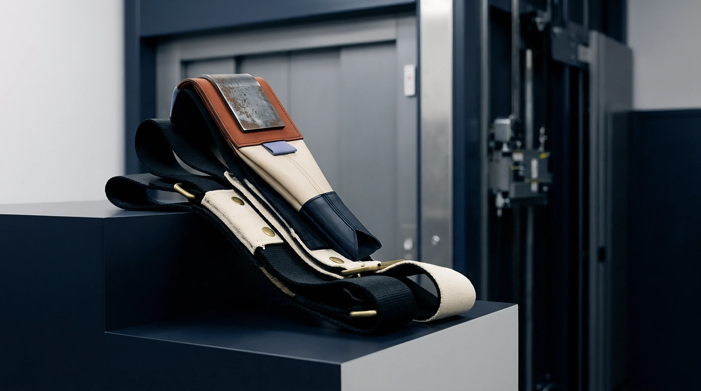 Textile webbing straps with leather reinforcements and metal adjustment hardware rest upon a dark pedestal situated inside a warehouse loading zone.