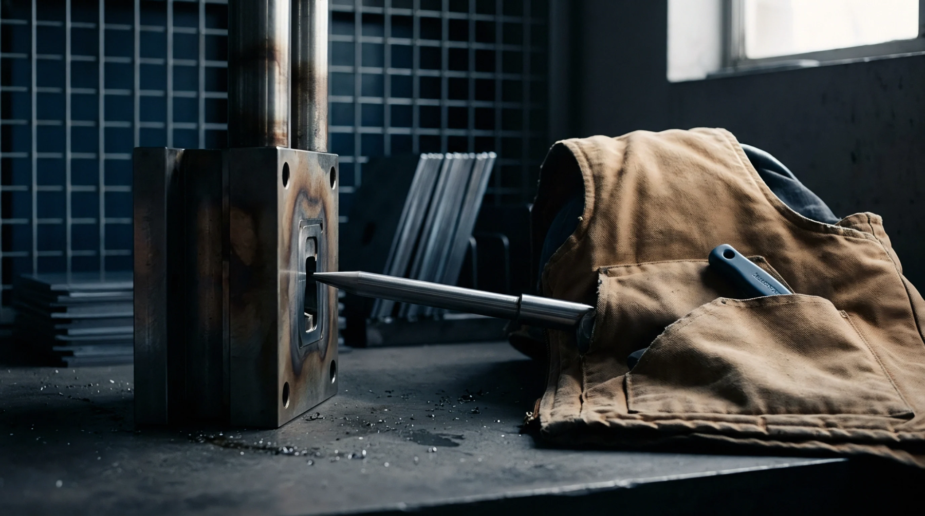 Heavy steel mold components and a machinist apron rest on a dark workbench inside a metal fabrication workshop.