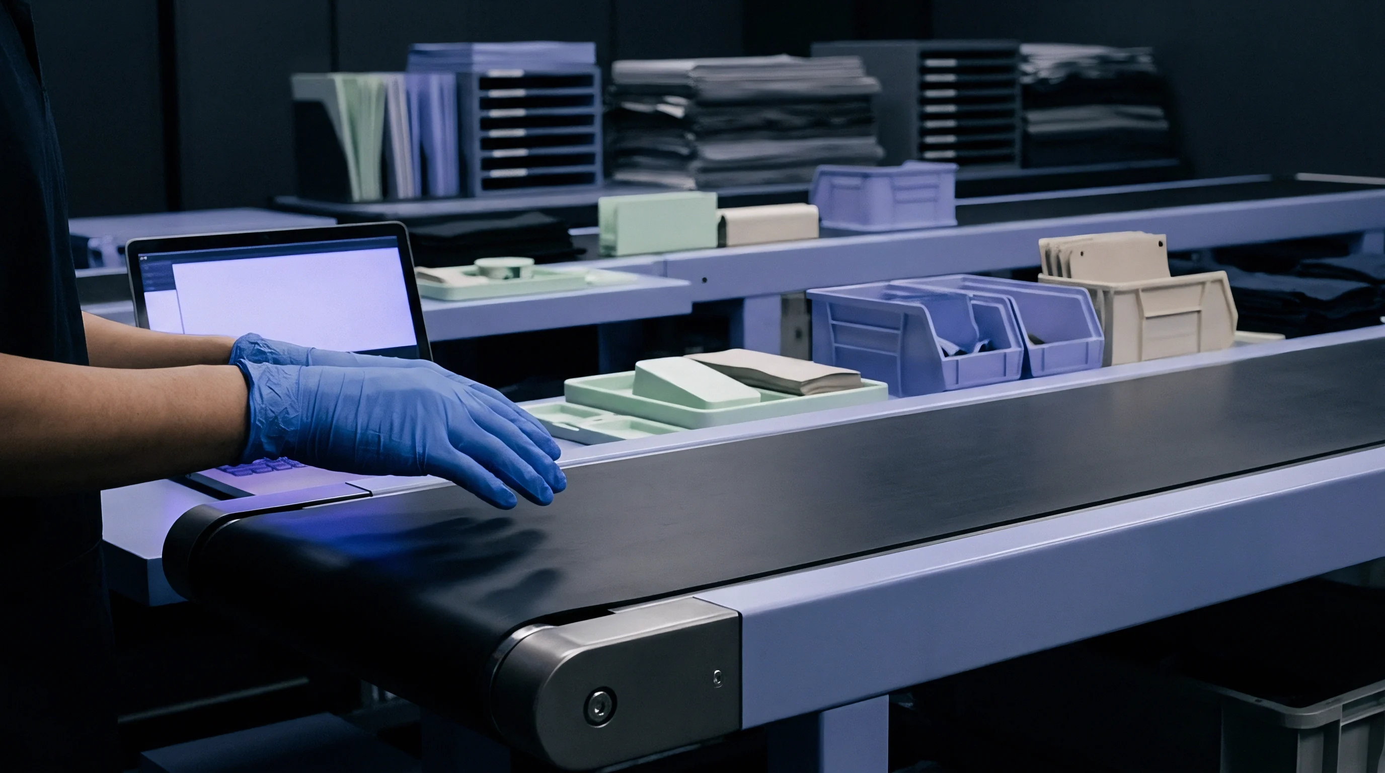An operator wearing protective nitrile gloves operates an industrial conveyor belt station equipped with computer terminals inside a manufacturing facility.