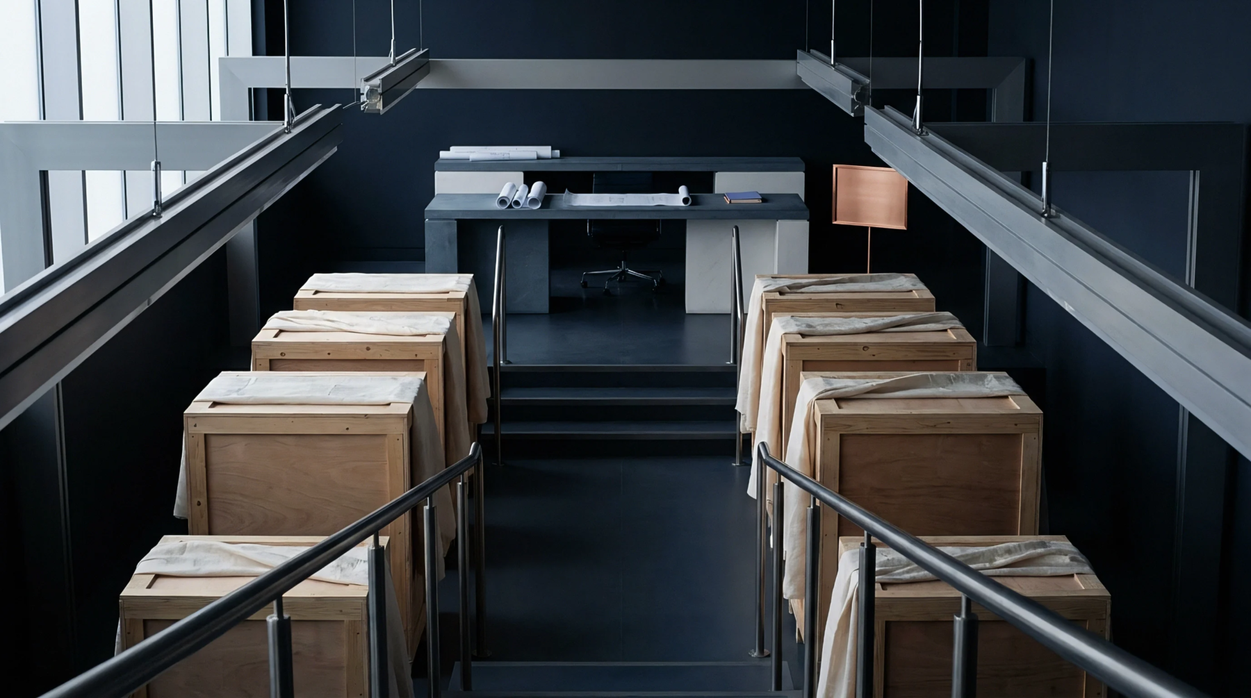 Wooden crates covered in fabric line a central corridor leading to a dark industrial office with architectural blueprints on a metal desk.