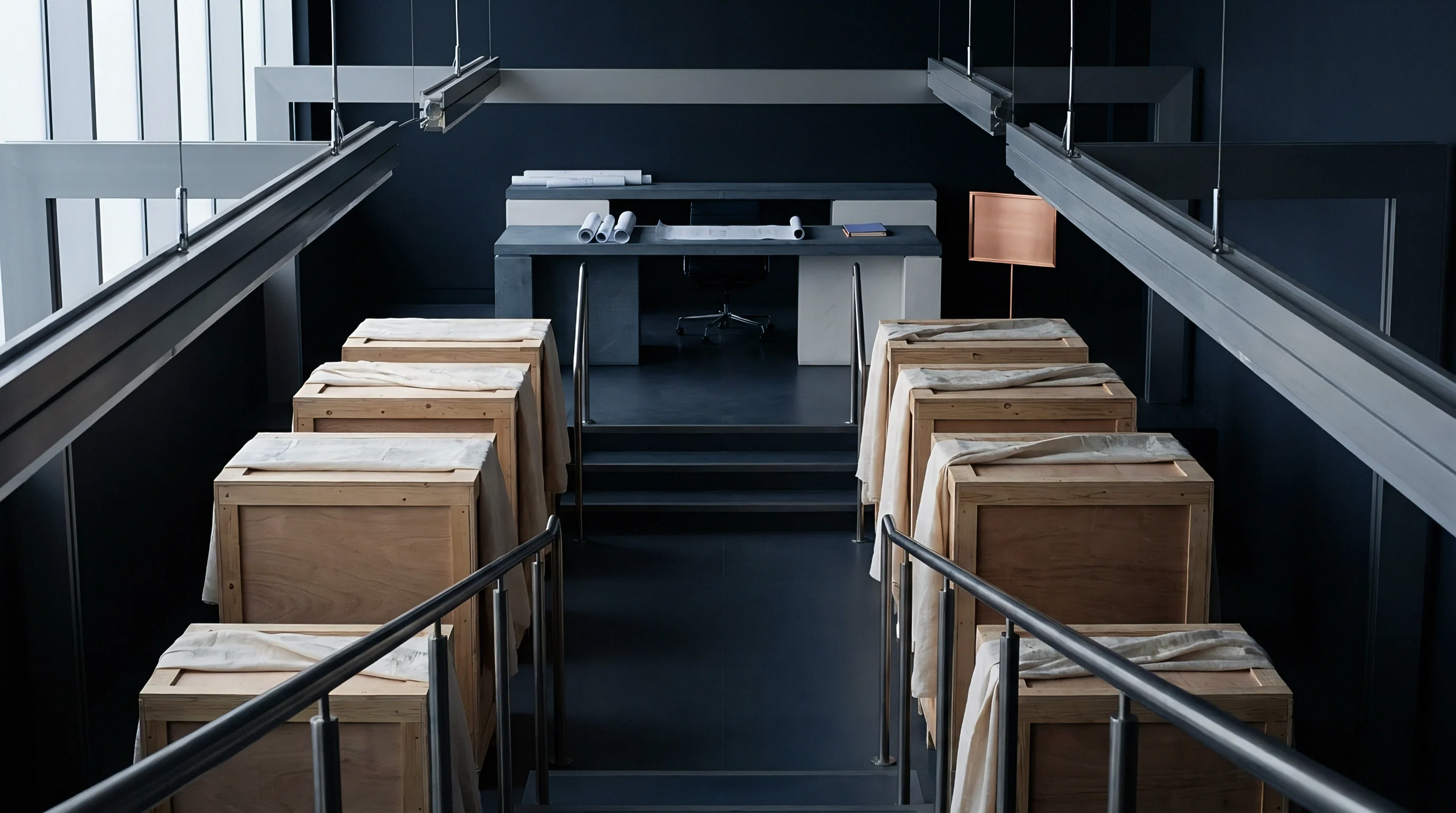 Wooden crates covered in fabric line a central corridor leading to a dark industrial office with architectural blueprints on a metal desk.