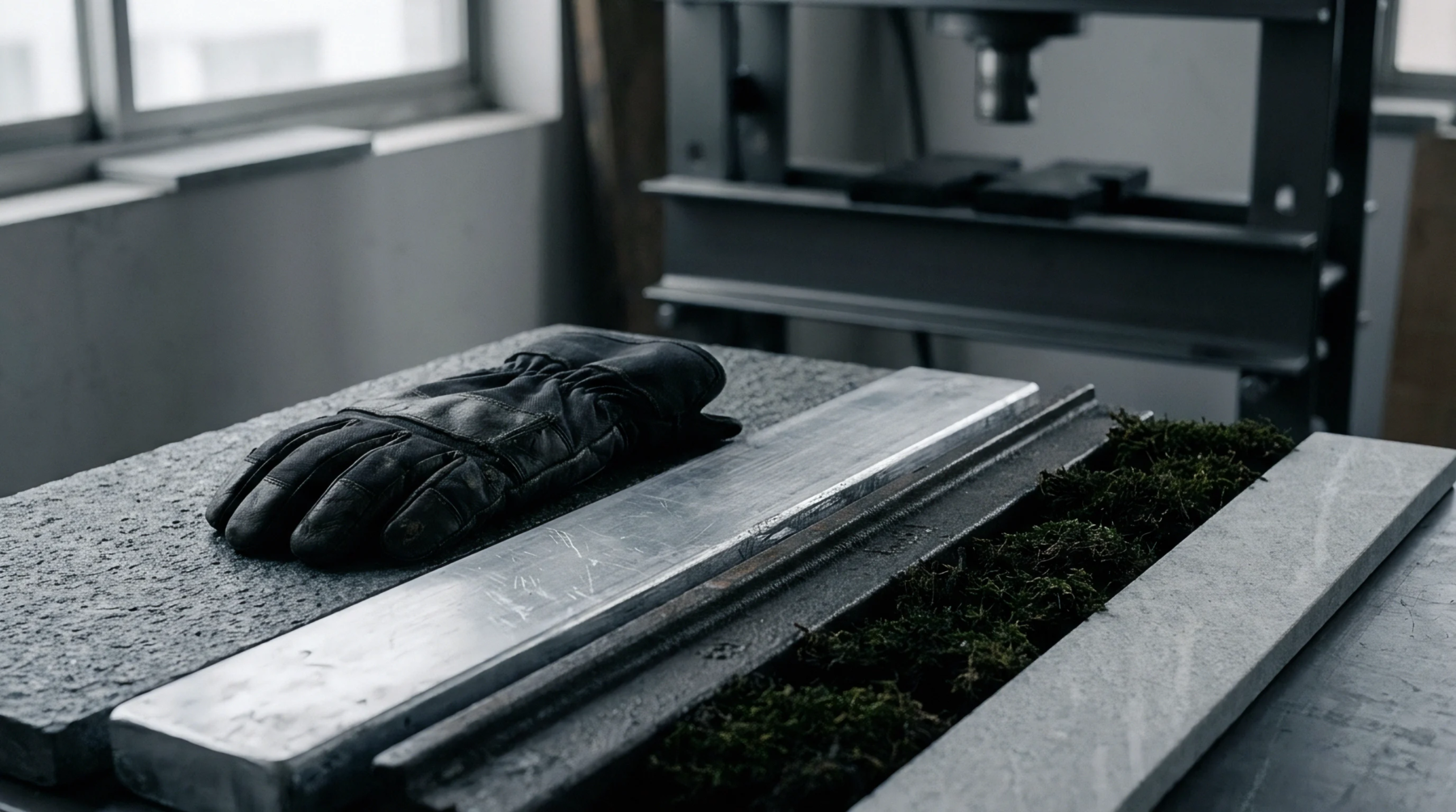 A leather work glove rests beside a polished metal bar and organic material on a stone inspection table inside a machine shop.
